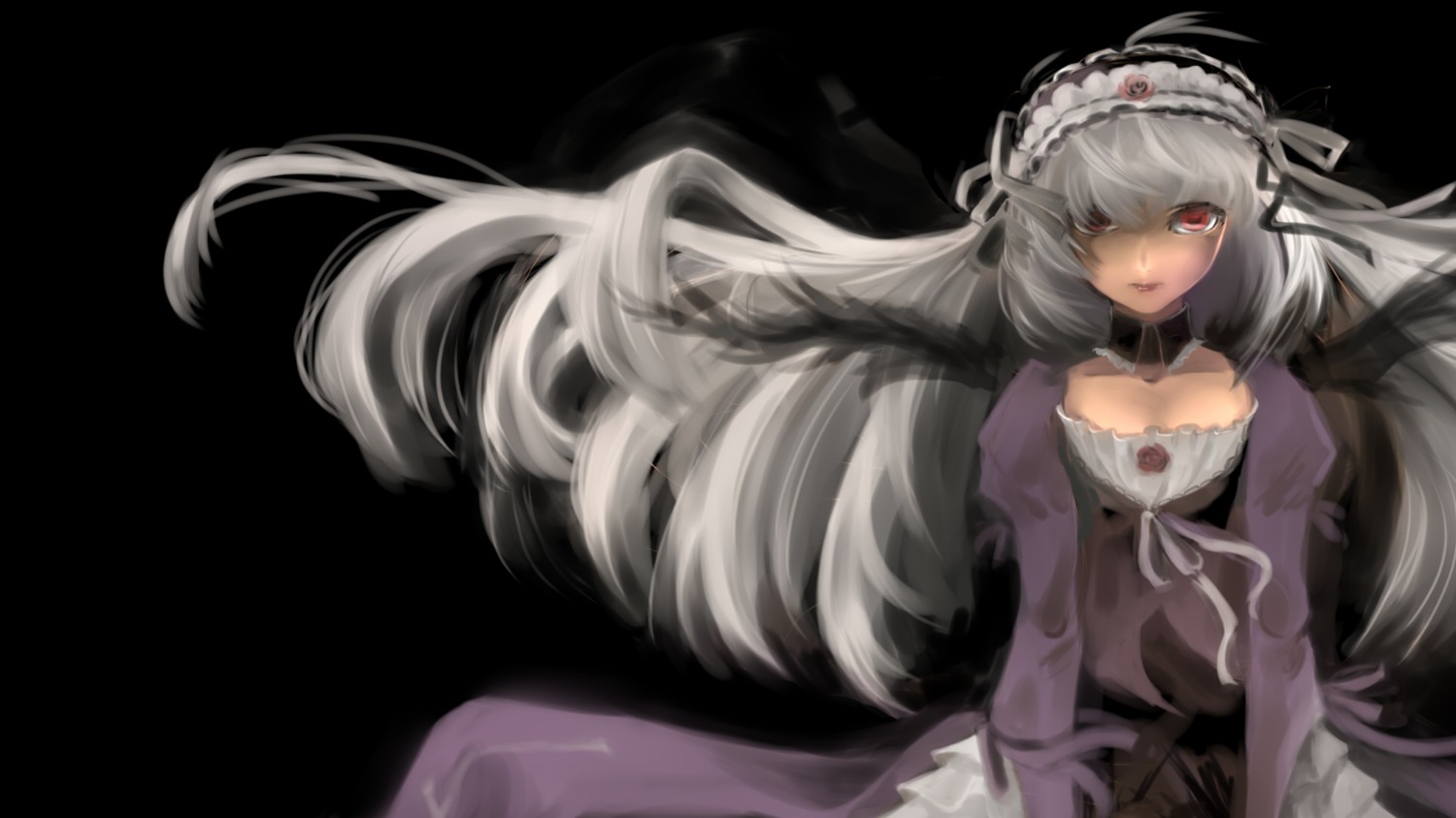 1girl black_background dress frills hairband image juliet_sleeves lolita_hairband long_hair long_sleeves looking_at_viewer red_eyes silver_hair solo suigintou very_long_hair