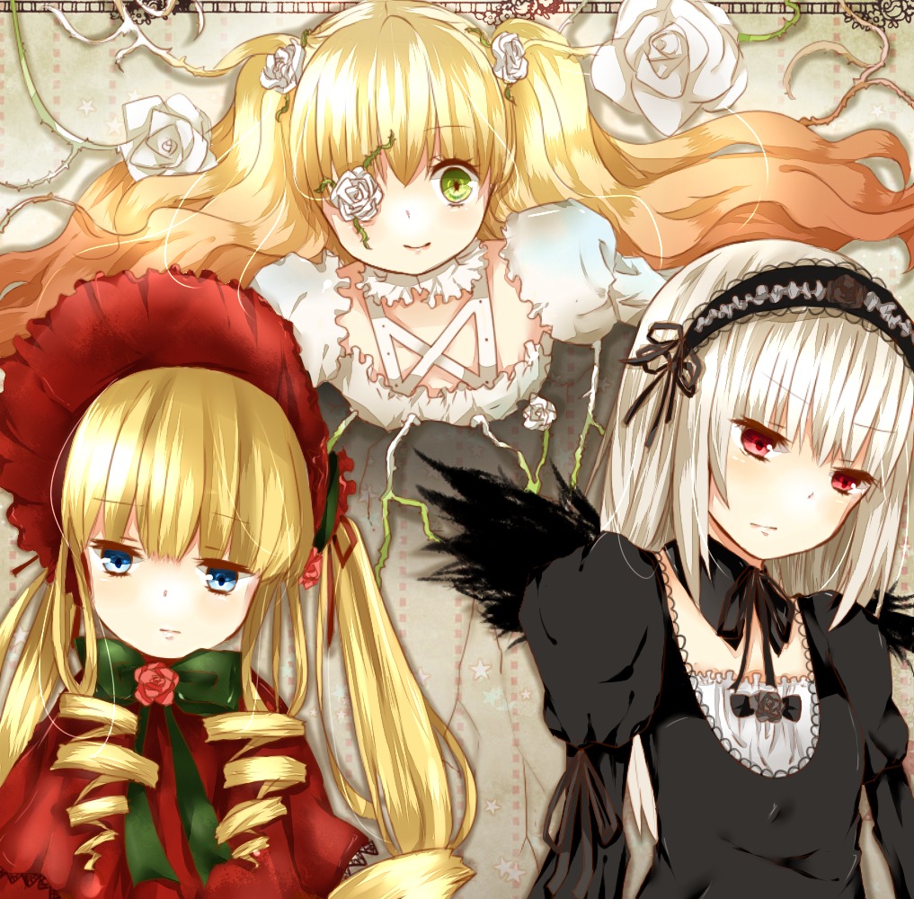 3girls blonde_hair blue_eyes bow dress drill_hair eyepatch flower frills image long_hair long_sleeves looking_at_viewer multiple multiple_girls red_eyes rose shinku silver_hair smile suigintou tagme twin_drills twintails white_flower white_rose