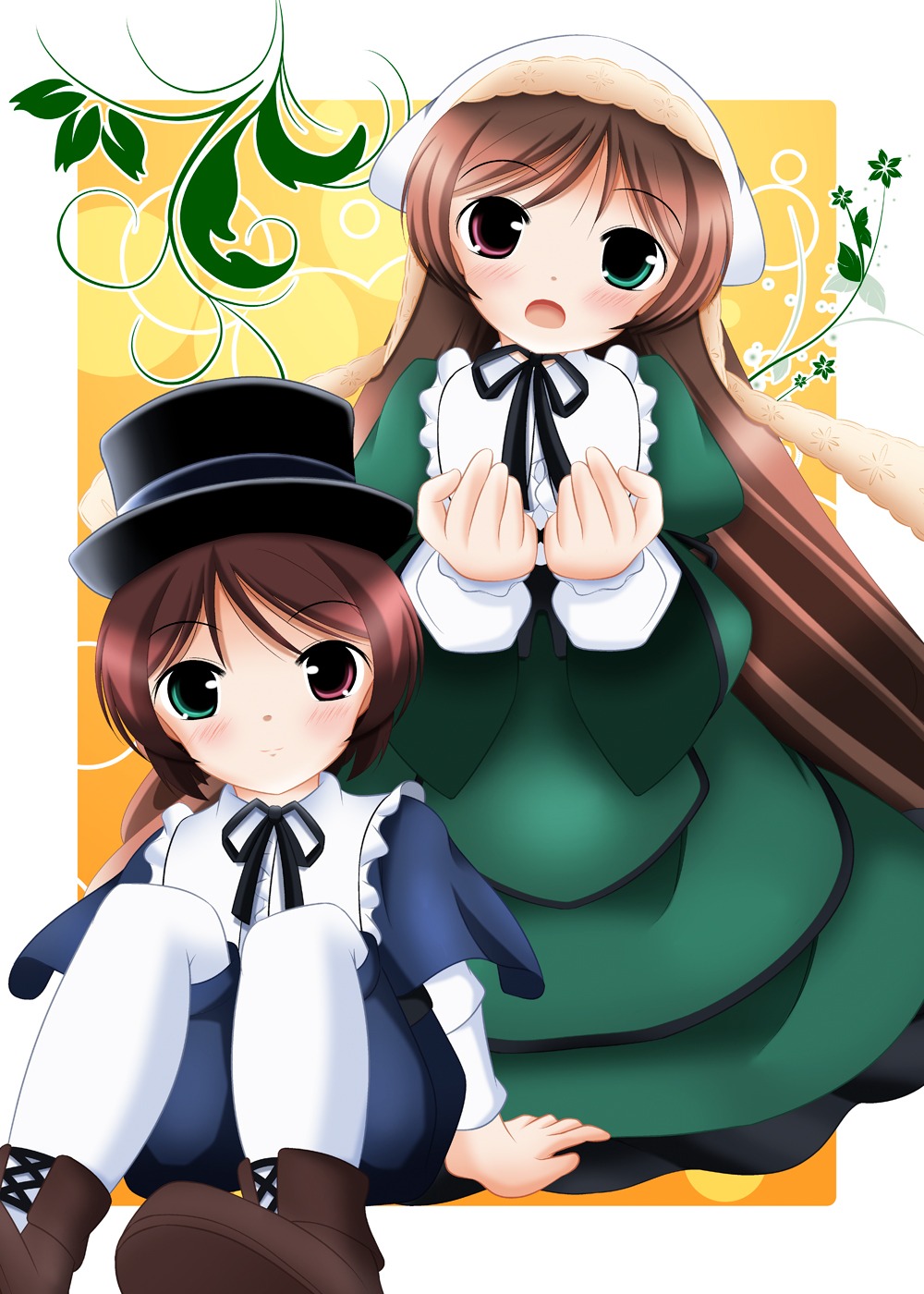 2girls auto_tagged blue_dress blush boots brown_hair dress green_dress green_eyes hat head_scarf heterochromia image long_hair long_sleeves looking_at_viewer multiple_girls open_mouth pair red_eyes short_hair siblings sisters souseiseki suiseiseki twins