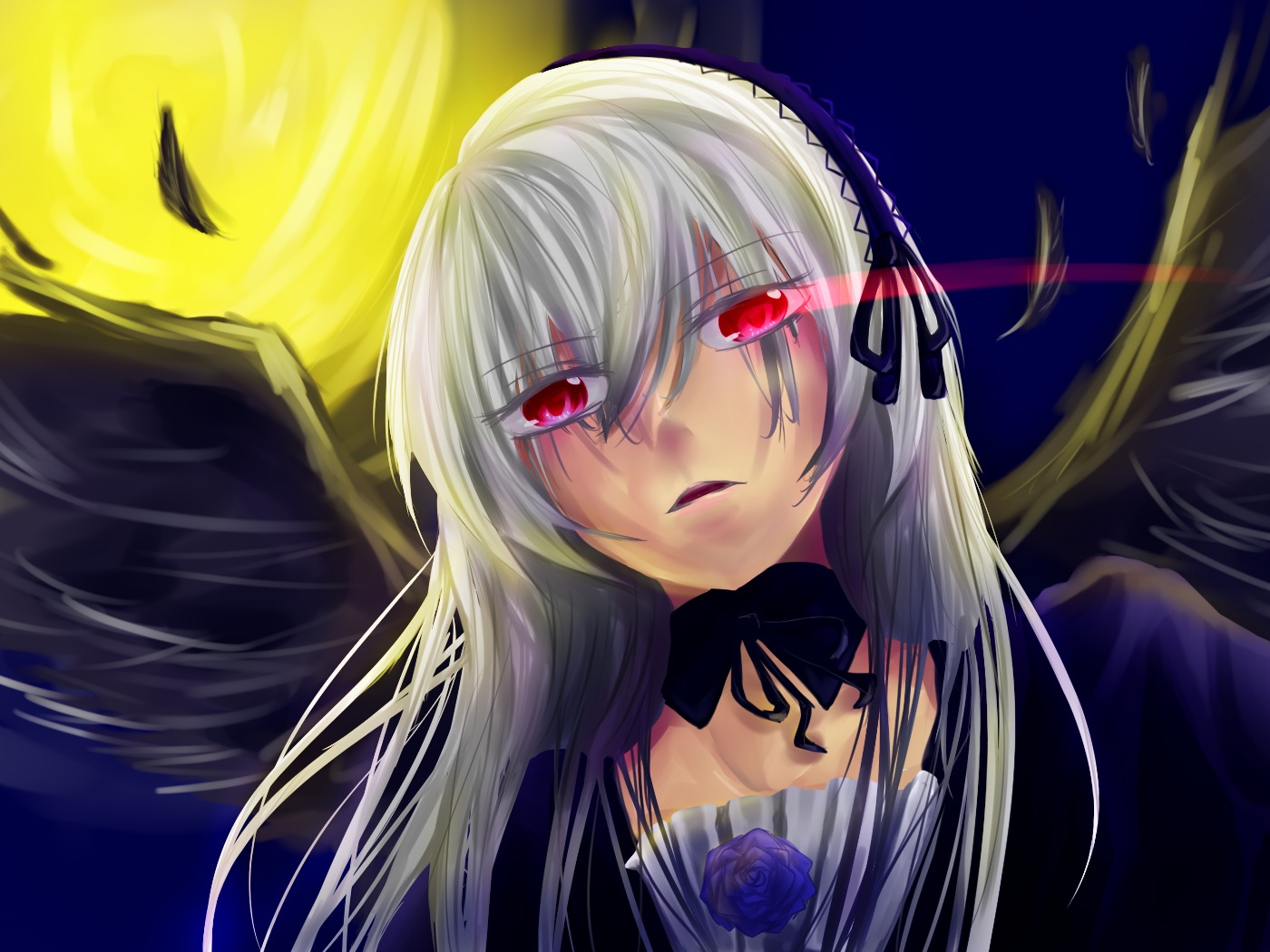 1girl black_wings choker dress feathered_wings feathers flower hairband image long_hair looking_at_viewer pink_eyes red_eyes rose silver_hair solo suigintou wings