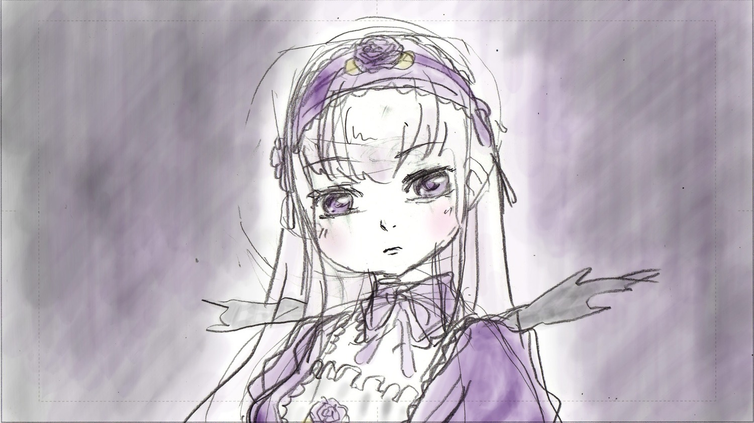 1girl blush choker flower frills hairband image long_hair looking_at_viewer parted_lips purple_eyes rain ribbon rose solo suigintou upper_body