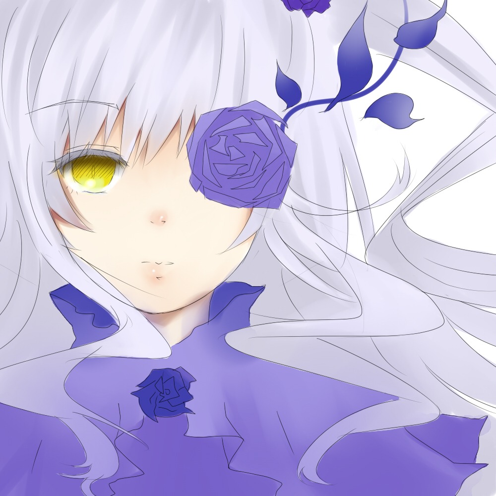 1girl bangs barasuishou black_rose blue_flower blue_rose closed_mouth eyebrows_visible_through_hair flower image jeanne_d'arc_(alter)_(fate) long_hair looking_at_viewer petals purple_flower purple_rose rose rose_petals silver_hair solo yellow_eyes