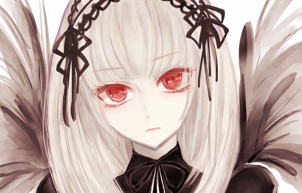 1girl bangs black_ribbon black_wings closed_mouth detached_collar face frills hairband image long_hair looking_at_viewer portrait red_eyes ribbon rose silver_hair simple_background solo suigintou white_background wings