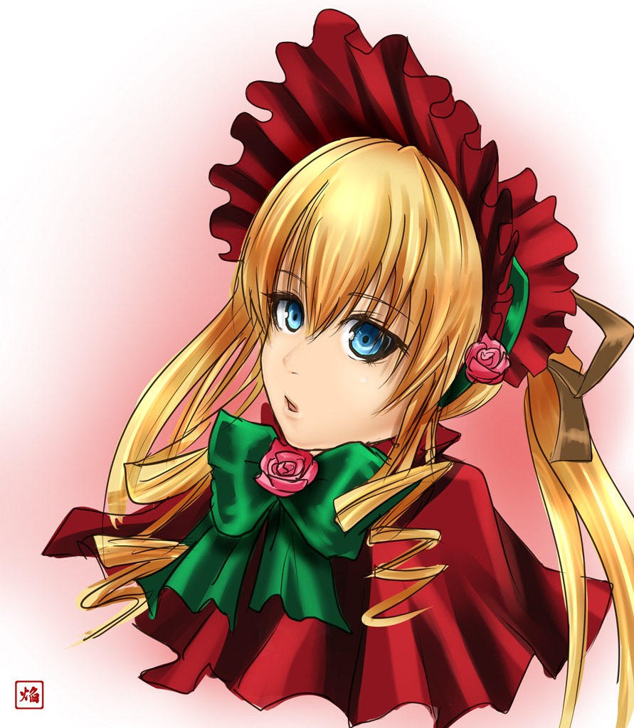 1girl blonde_hair blue_eyes bonnet bow bowtie capelet flower gradient gradient_background green_bow green_neckwear image long_hair looking_at_viewer pink_background pink_flower pink_rose red_capelet red_flower red_rose ribbon rose shinku solo twintails