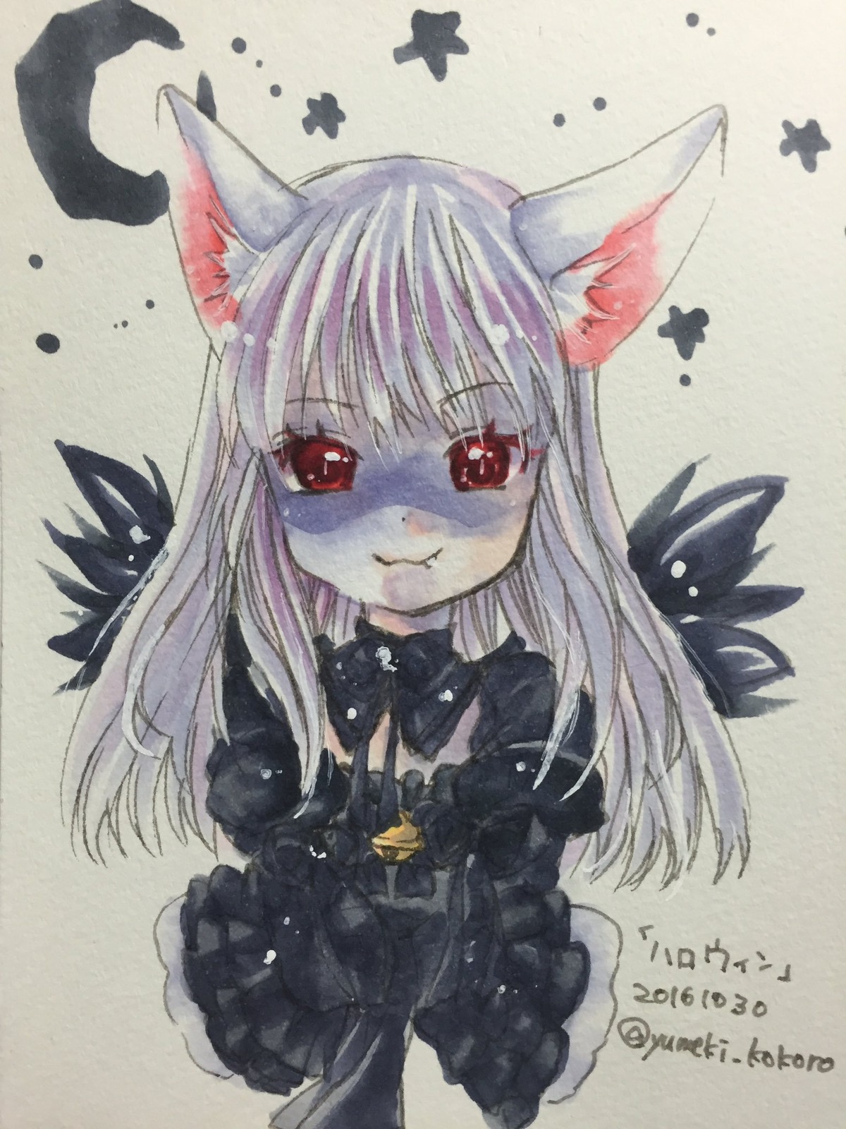 1girl animal_ears bangs black_bow bow closed_mouth image long_hair looking_at_viewer photo red_eyes smile solo star_(symbol) suigintou traditional_media twitter_username watercolor_(medium)