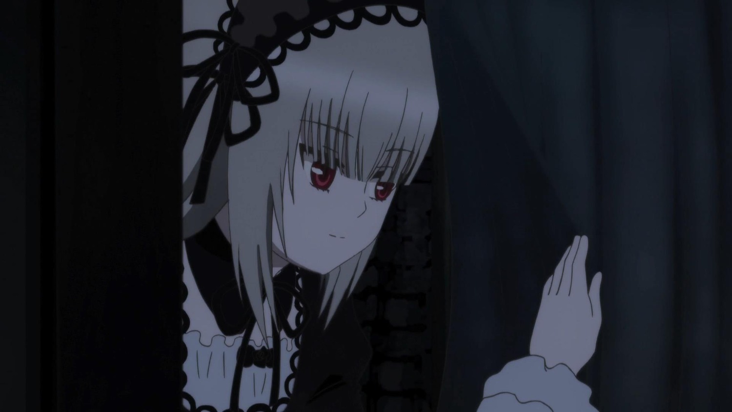 1girl bangs black_ribbon closed_mouth dress eyebrows_visible_through_hair frills hairband image long_hair long_sleeves red_eyes ribbon silver_hair solo suigintou