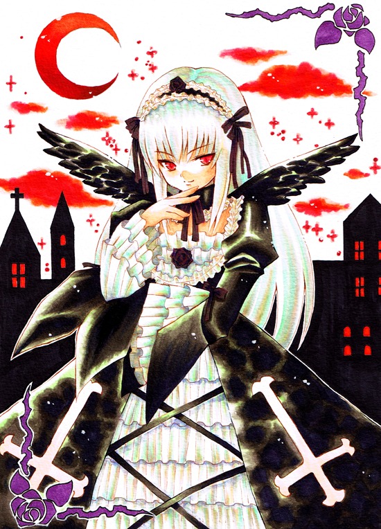 1girl black_wings dress feathers flower frills hairband image lolita_hairband long_hair long_sleeves looking_at_viewer red_eyes ribbon rose solo suigintou wings