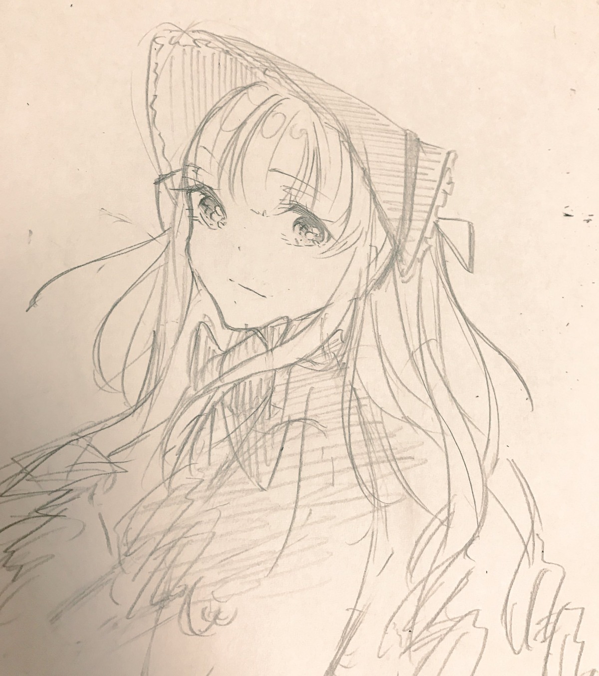 1girl bangs blush closed_mouth eyebrows_visible_through_hair graphite_(medium) image long_hair looking_at_viewer monochrome shinku simple_background sketch smile solo traditional_media upper_body