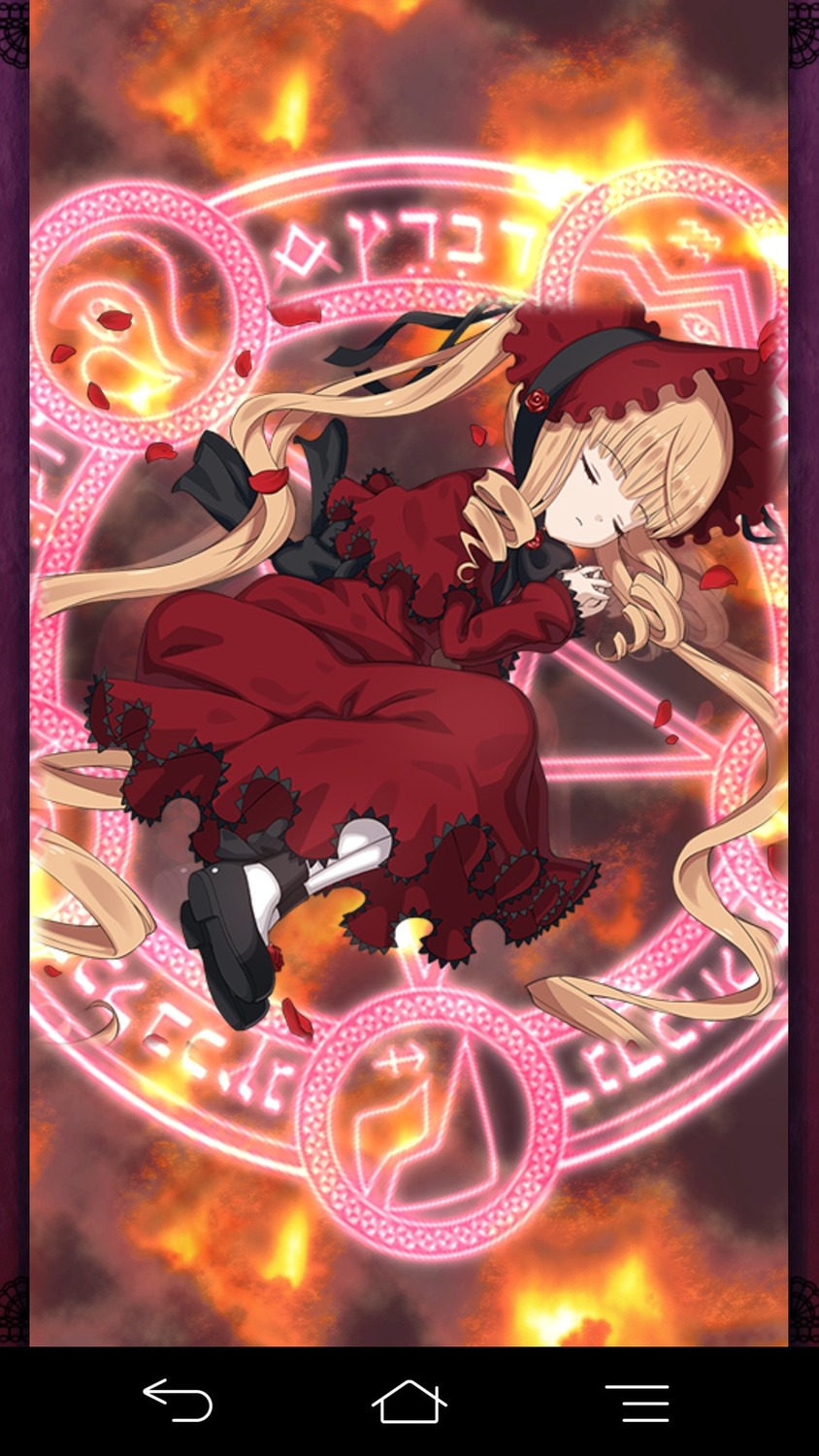 1girl blonde_hair bonnet bow closed_eyes dress fire image long_hair magic_circle on_side red_dress ribbon shinku sleeping solo twintails