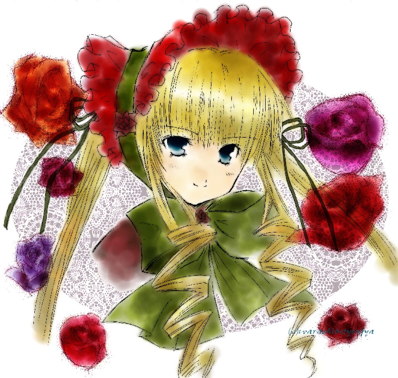 1girl blonde_hair blue_eyes blush bonnet bow bowtie dress drill_hair flower green_bow green_neckwear image long_hair long_sleeves looking_at_viewer red_flower red_rose rose shinku simple_background smile solo twin_drills upper_body white_background