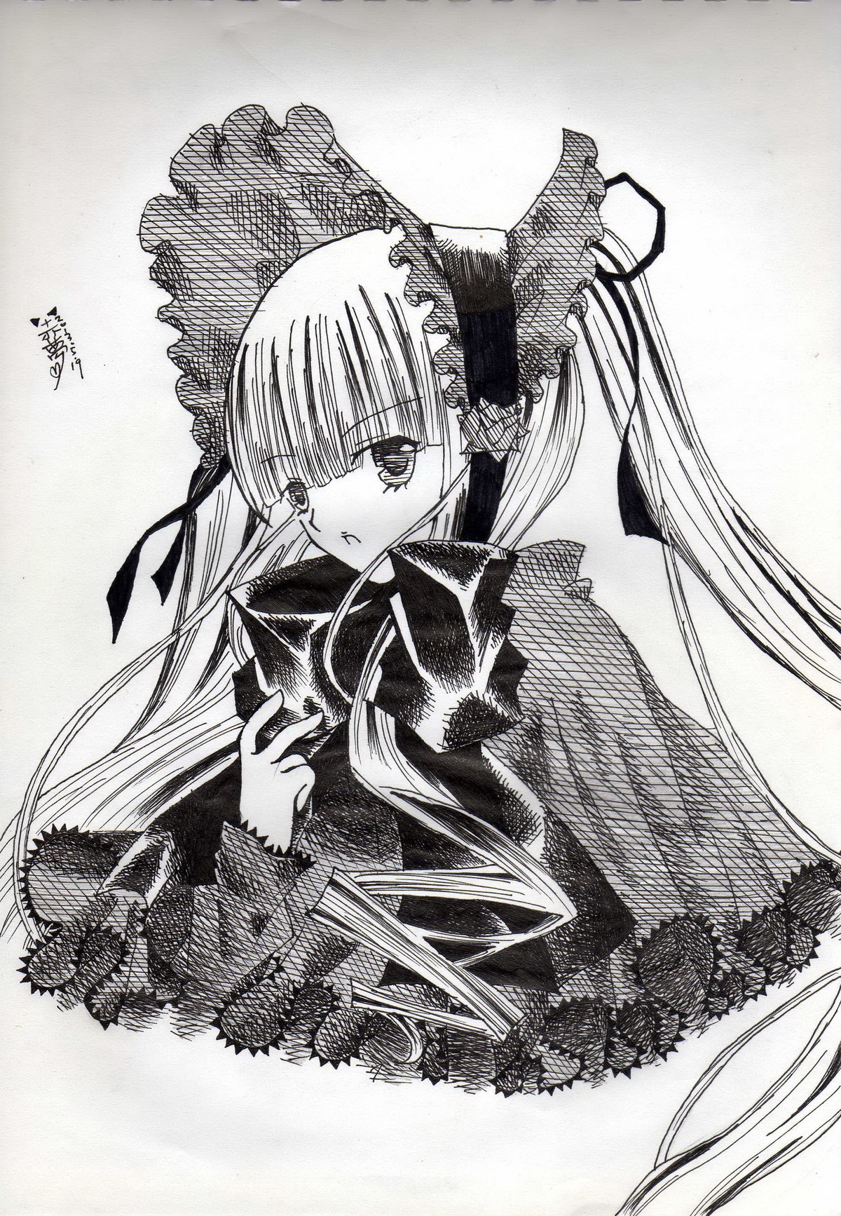 1girl bangs blunt_bangs dated dress eyebrows_visible_through_hair greyscale hair_ribbon image long_hair long_sleeves looking_at_viewer monochrome ribbon shinku signature solo traditional_media twintails upper_body