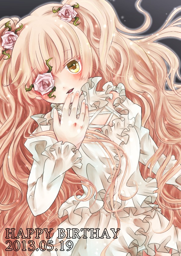 1girl auto_tagged blonde_hair dress eyepatch flower frills hair_ornament image kirakishou long_hair pink_flower pink_hair pink_rose rose solo thorns very_long_hair vines wavy_hair white_dress white_rose yellow_eyes