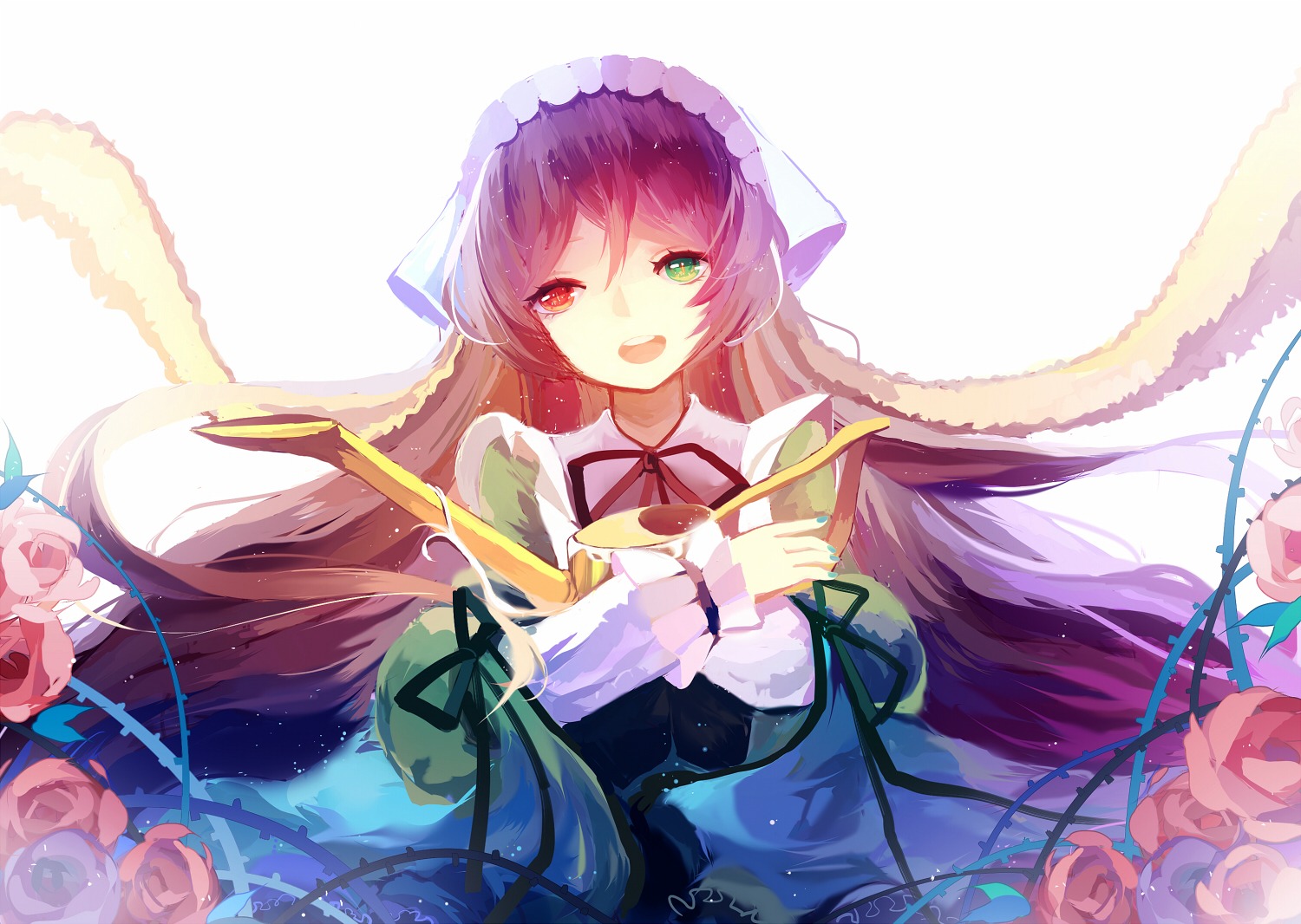 1girl bad_id bad_pixiv_id blue_flower blue_rose brown_hair dress flower frills green_eyes hat head_scarf heterochromia image lolita_fashion long_hair long_sleeves nail_polish open_mouth pink_flower pink_rose prophet_chu purple_hair purple_rose red_eyes red_flower red_rose ribbon rose rozen_maiden smile solo suiseiseki tears thorns very_long_hair watering_can white_rose yellow_rose