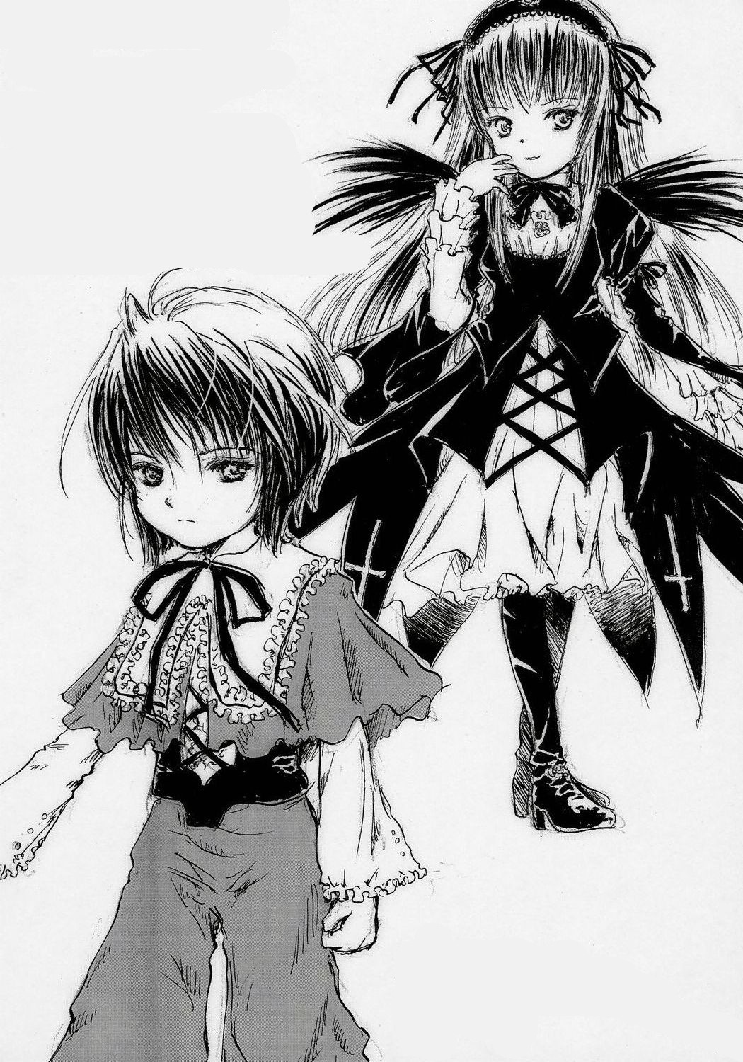 2girls capelet dress gothic_lolita greyscale hairband image lolita_fashion long_hair long_sleeves looking_at_viewer monochrome multiple_girls pair ribbon shinku souseiseki standing suigintou wings