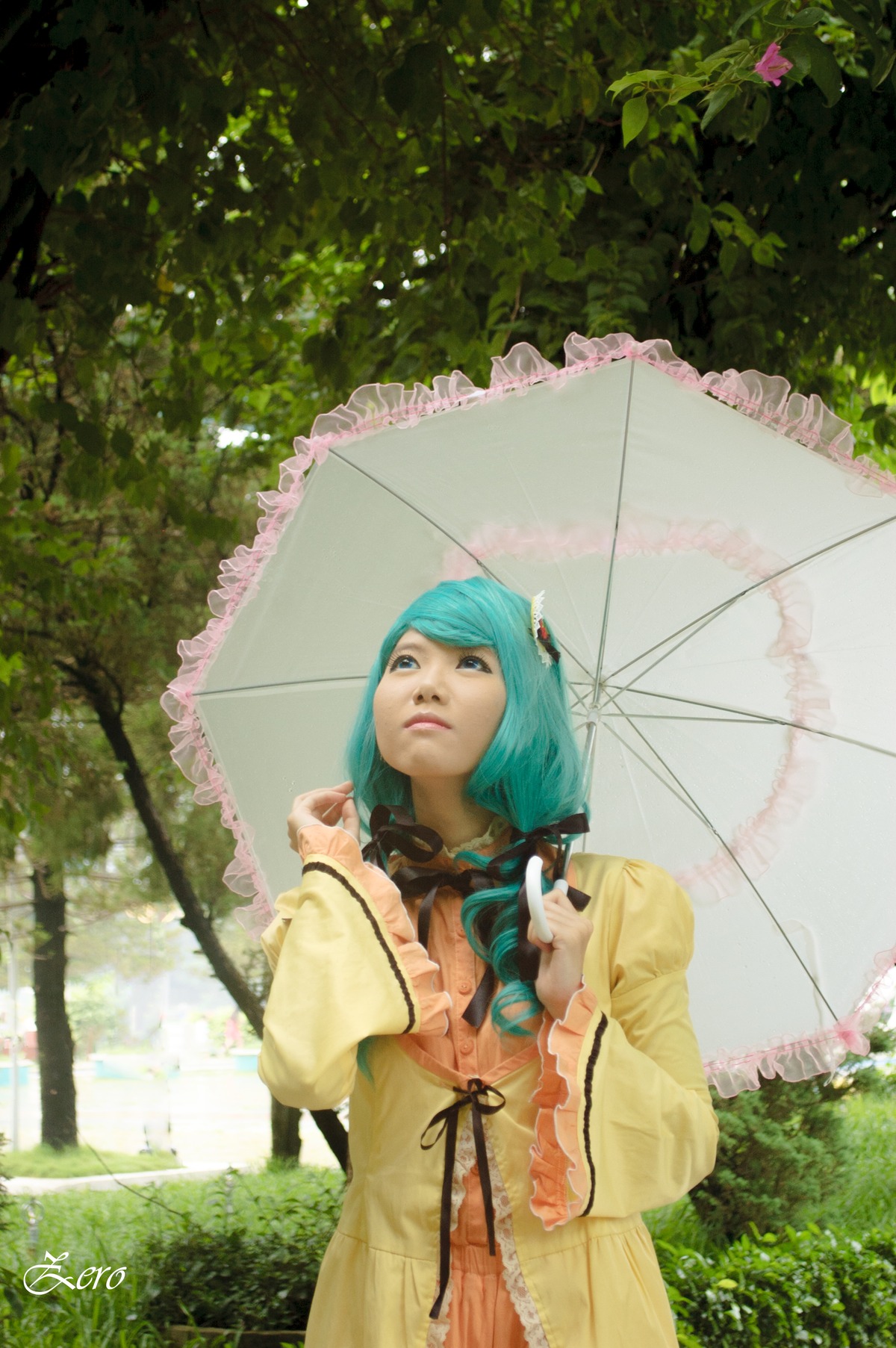 1girl black_umbrella dress holding_umbrella hydrangea kanaria lips long_hair outdoors parasol rain raincoat red_umbrella shared_umbrella solo transparent transparent_umbrella tree umbrella