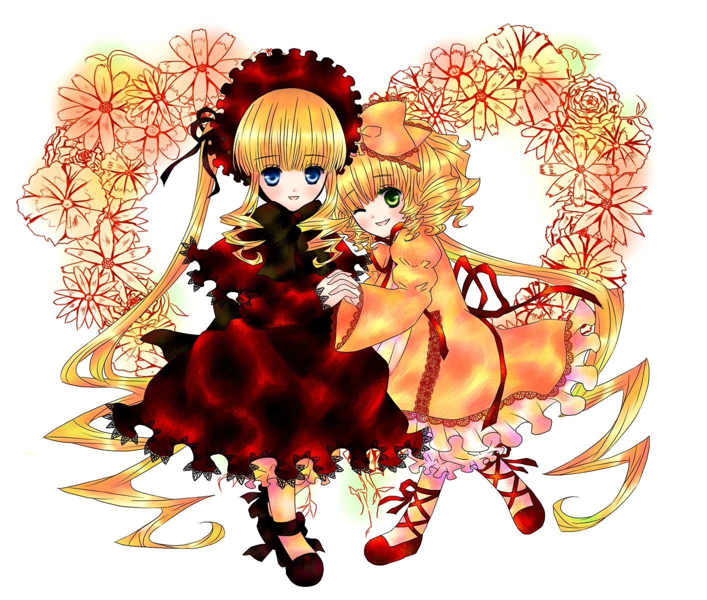 2girls blonde_hair blue_eyes bow dress frills full_body green_eyes hinaichigo holding_hands image long_hair long_sleeves looking_at_viewer multiple_girls one_eye_closed open_mouth pair pink_bow puffy_sleeves red_dress shinku shoes short_hair smile twintails very_long_hair white_background