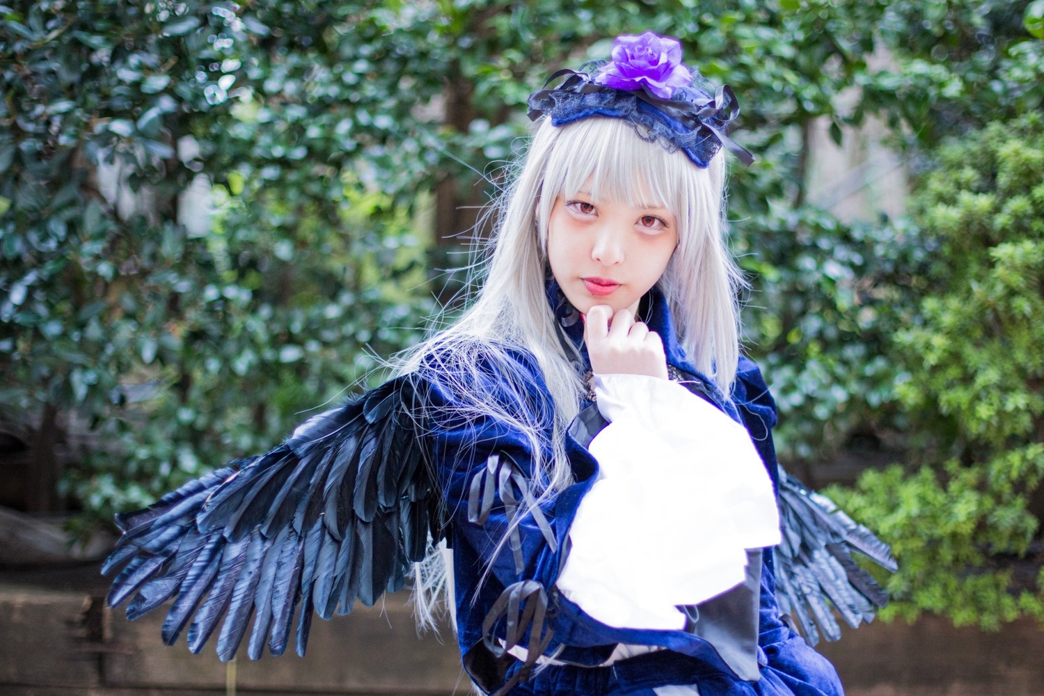 1girl bangs blurry blurry_background blurry_foreground closed_mouth depth_of_field dress flower lips long_hair long_sleeves looking_at_viewer outdoors solo suigintou upper_body wings