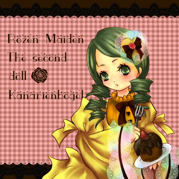 1girl blush cake chocolate doily dress drill_hair food fruit green_eyes green_hair heart heart_hair_ornament image kanaria long_sleeves pastry plaid plaid_background solo strawberry twin_drills valentine