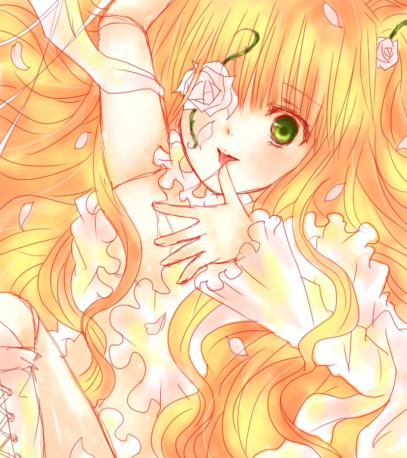 1girl blonde_hair dress flower frills green_eyes hair_flower hair_ornament image kirakishou long_hair petals rose rose_petals solo