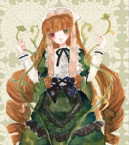 1girl black_ribbon brown_hair dress frills green_dress green_eyes head_scarf heterochromia image long_hair long_sleeves looking_at_viewer red_eyes ribbon solo suiseiseki twintails very_long_hair