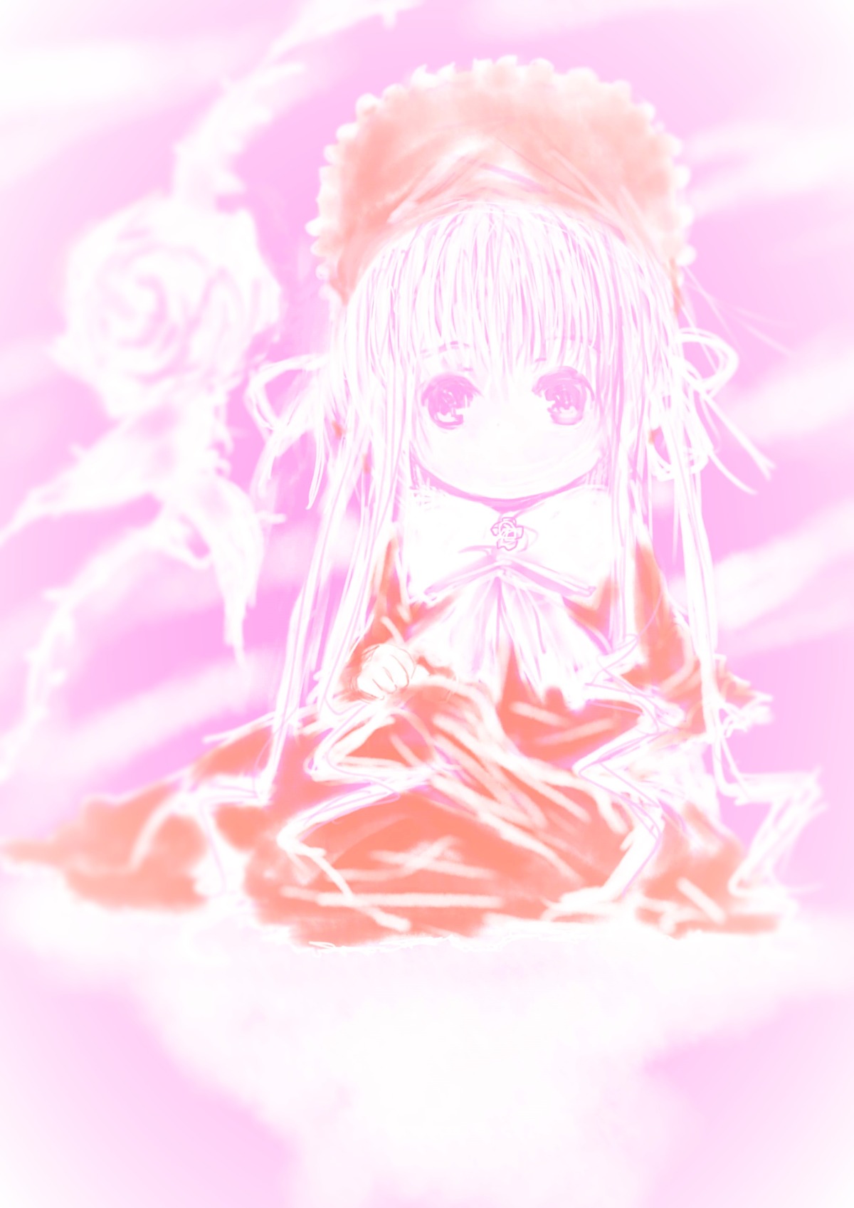 1girl blurry dress image long_hair long_sleeves looking_at_viewer pink_theme shinku smile solo