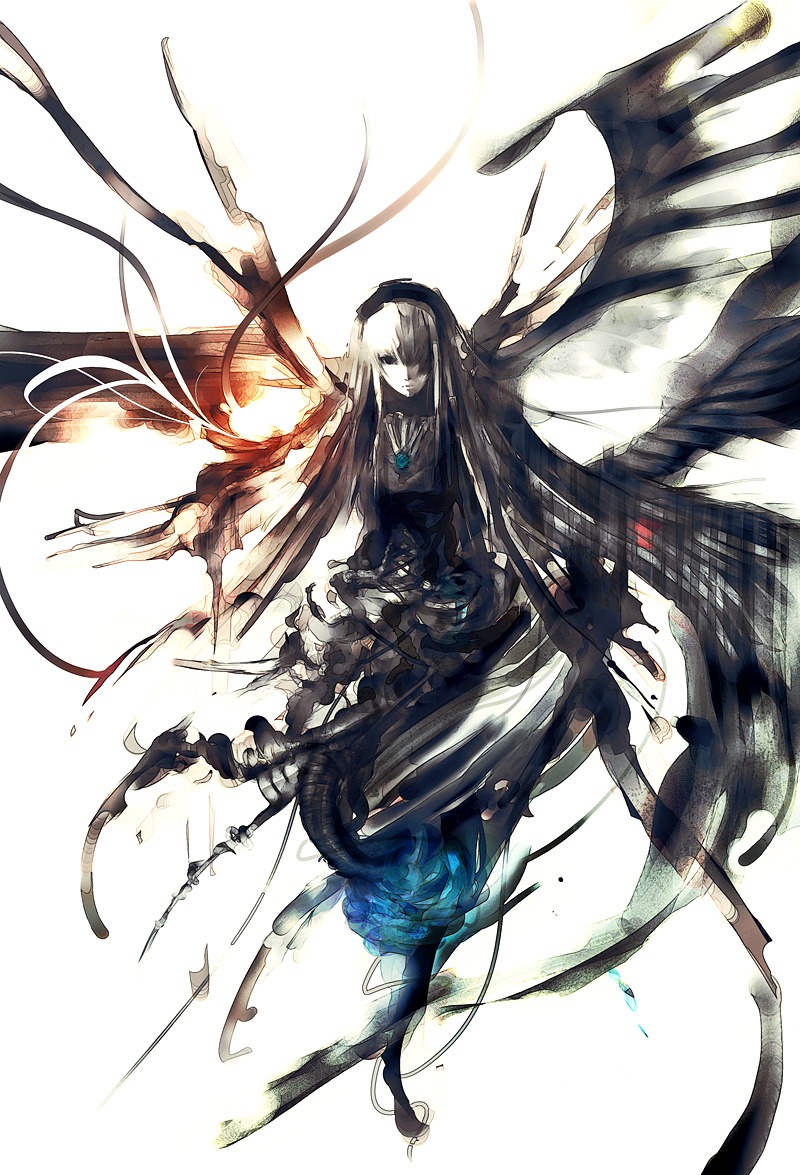 1girl abstract arms_at_sides asymmetrical_wings black_dress black_hair black_wings blue_flower blue_rose closed_mouth colored_skin commentary_request cross-laced_clothes dress explosion expressionless flower frills hair_over_one_eye hairband holding image iori_yakatabako long_hair long_sleeves looking_at_viewer photoshop_(medium) rose rozen_maiden silver_hair simple_background solo suigintou very_long_hair white_background white_skin wings