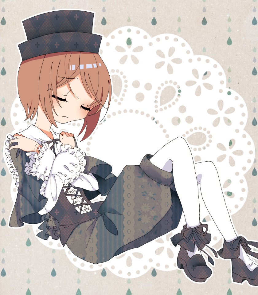 1girl brown_hair closed_eyes frills hat image long_sleeves pantyhose petals short_hair solo souseiseki striped striped_legwear vertical_stripes white_legwear