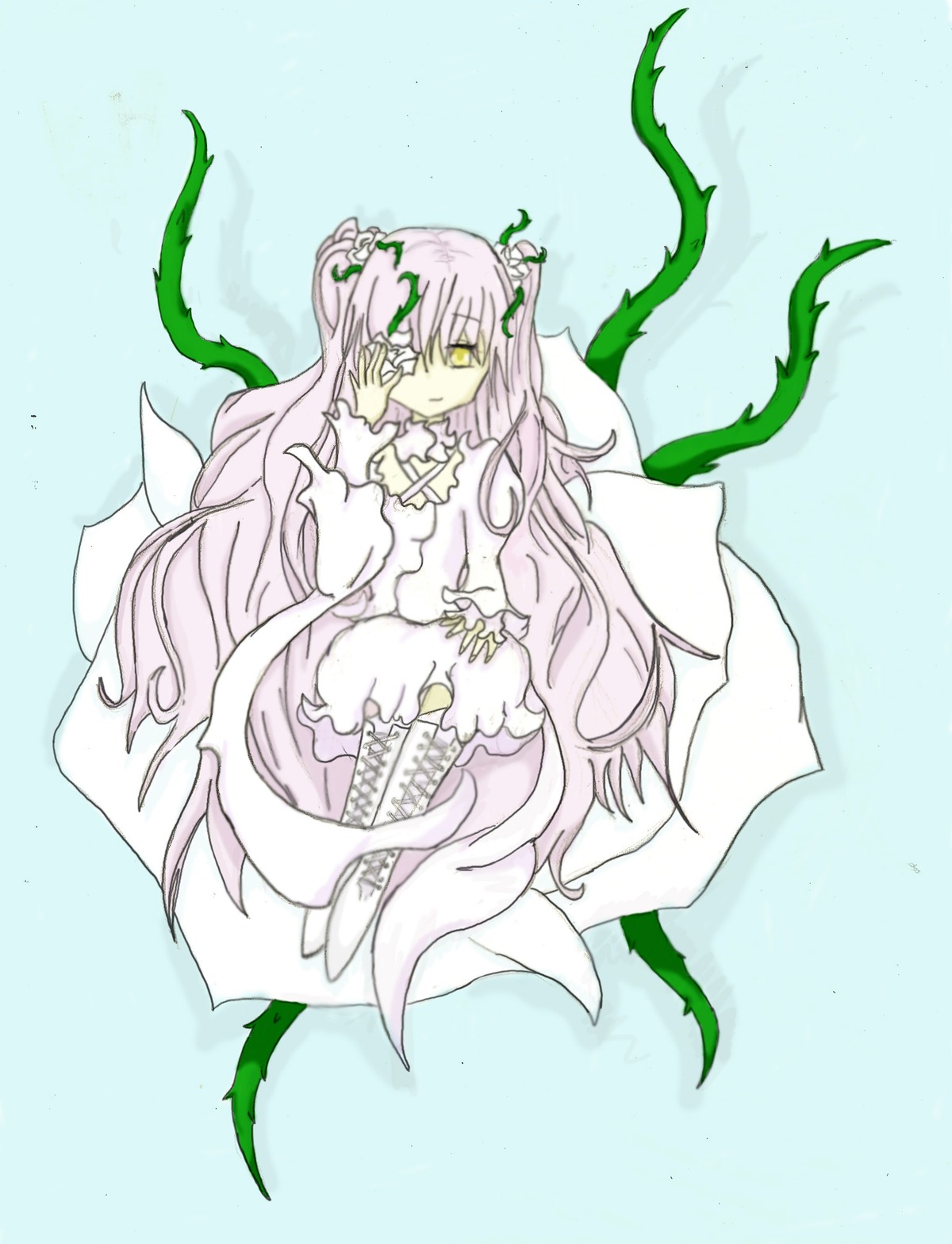 1girl boots dress expressionless flower image kirakishou long_hair long_sleeves looking_at_viewer no_nose personification pink_hair plant sitting solo ultimate_madoka very_long_hair vines white_dress yellow_eyes
