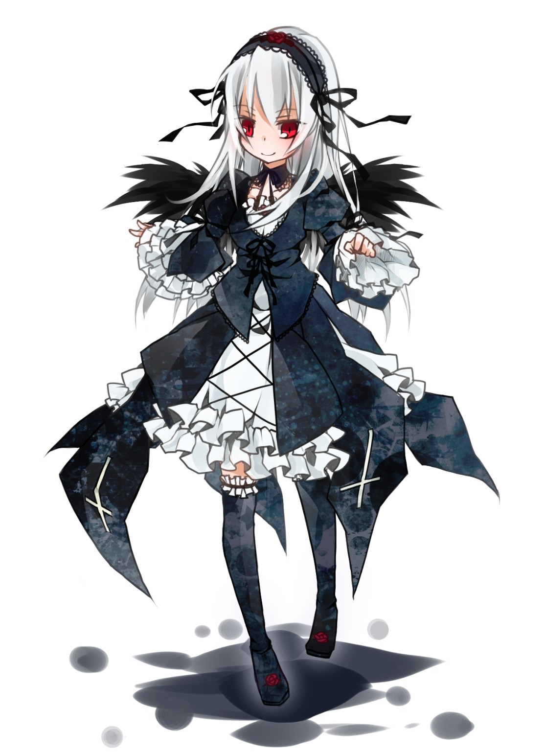 1girl black_dress black_wings dress frills full_body hairband image lolita_fashion lolita_hairband long_hair long_sleeves looking_at_viewer red_eyes ribbon rose silver_hair smile solo suigintou white_background wings