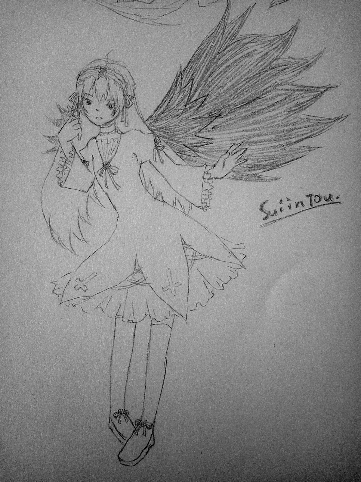 1girl detached_sleeves dress full_body greyscale image long_hair long_sleeves looking_at_viewer monochrome solo standing suigintou traditional_media wide_sleeves wings