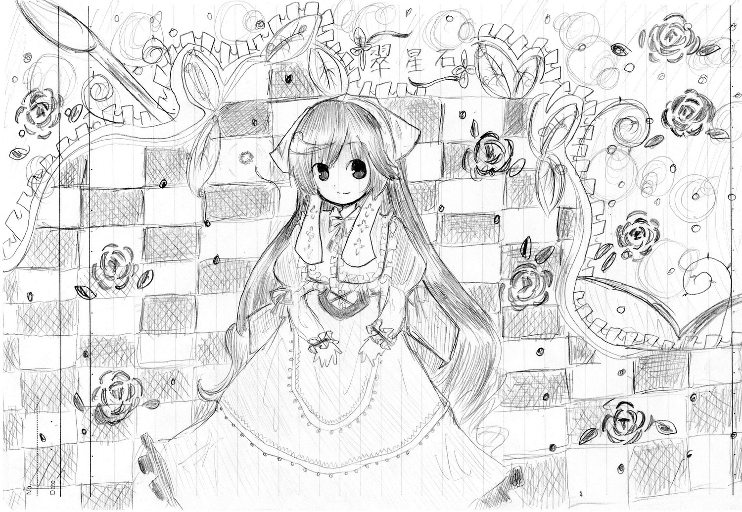 1girl bow breasts dress flower greyscale hair_bow image long_hair long_sleeves monochrome reiuji_utsuho rose smile solo suiseiseki traditional_media very_long_hair