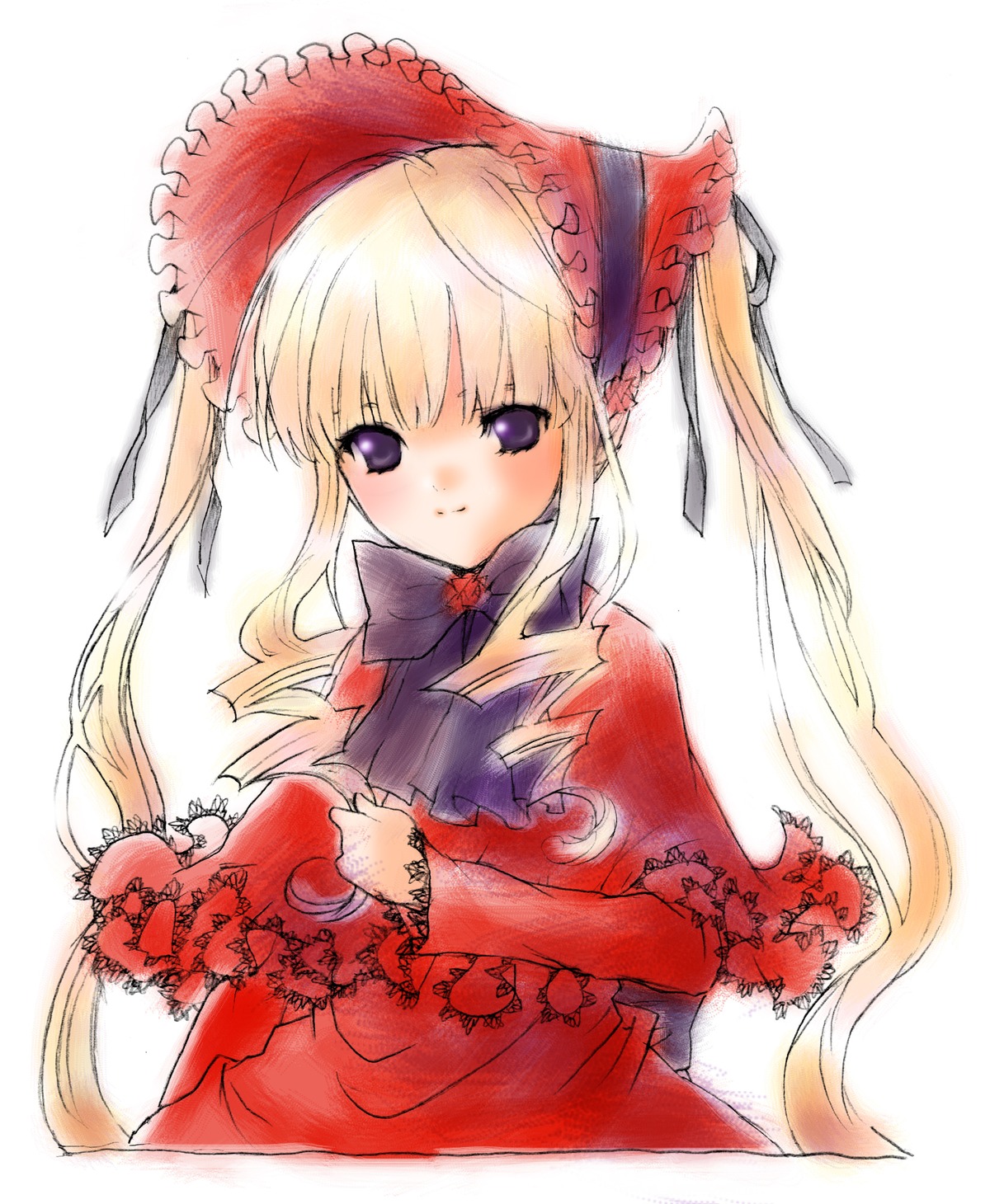 1girl blonde_hair blue_eyes blush bonnet bow bowtie dress image long_hair long_sleeves looking_at_viewer red_dress shinku simple_background solo twintails upper_body white_background