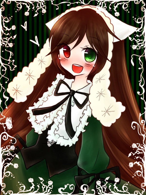 1girl :d blush brown_hair dress frills green_dress green_eyes head_scarf heterochromia image long_hair long_sleeves looking_at_viewer open_mouth red_eyes smile solo suiseiseki twintails very_long_hair