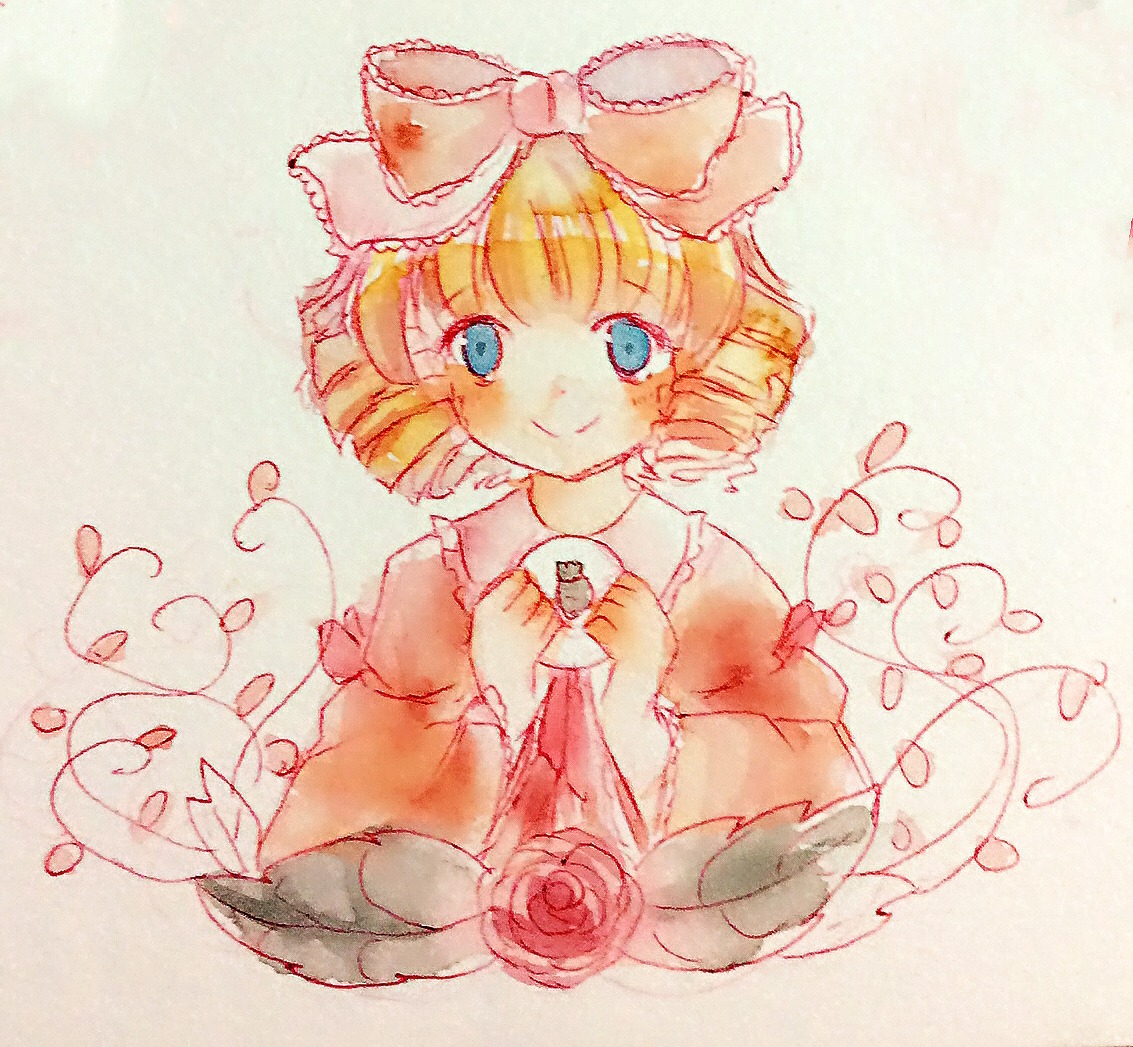 1girl blonde_hair blue_eyes bow cup eyebrows_visible_through_hair flower heart hina_ichigo hinaichigo image lily_of_the_valley long_sleeves looking_at_viewer medicine_melancholy puffy_sleeves ribbon rose short_hair simple_background smile solo teacup traditional_media wide_sleeves