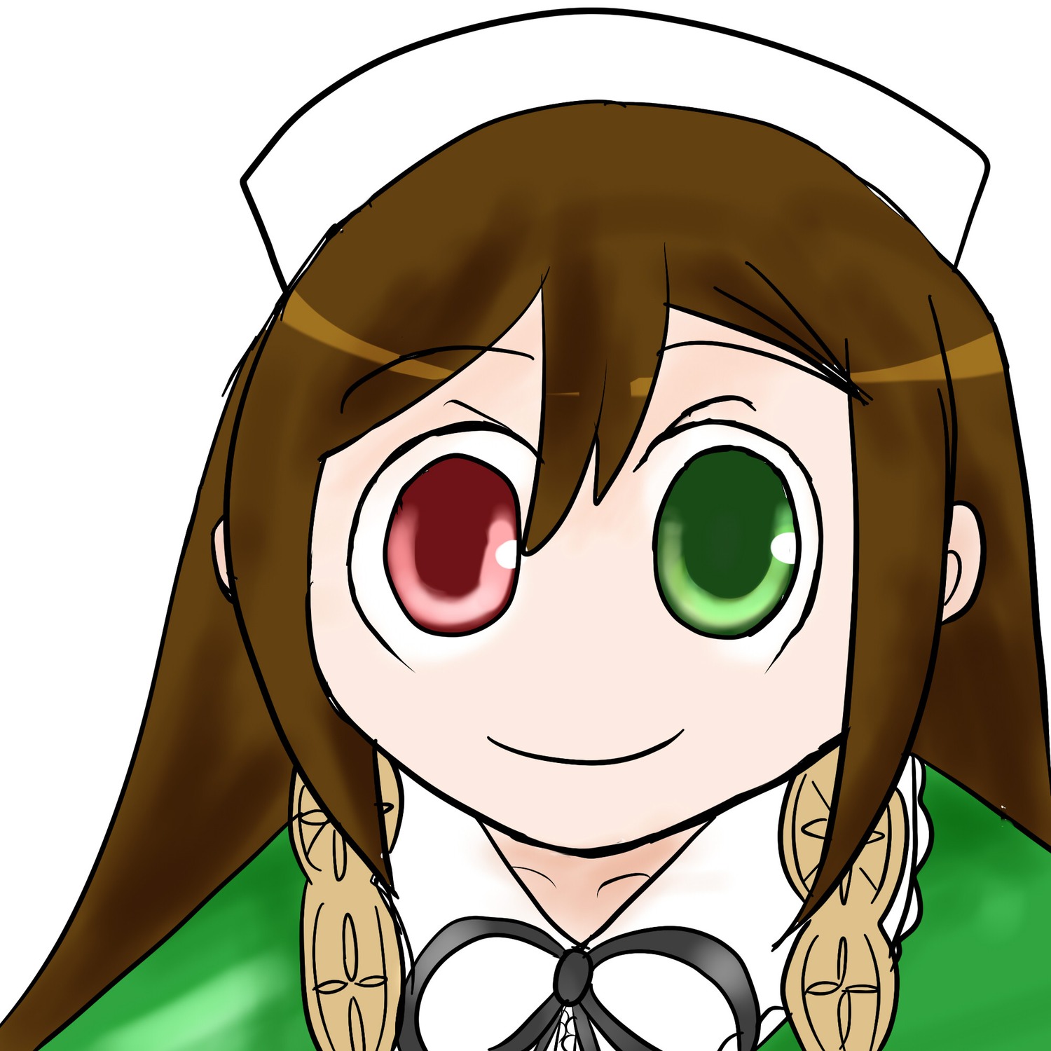 1girl bangs brown_hair closed_mouth dress eyebrows_visible_through_hair green_eyes hair_between_eyes image long_hair looking_at_viewer neck_ribbon ribbon sidelocks smile solo suiseiseki white_shirt