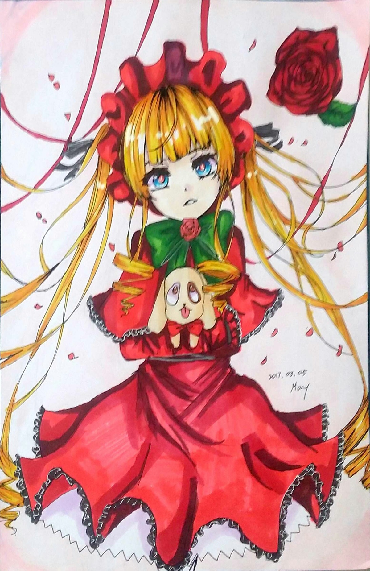 1girl blonde_hair blue_eyes bonnet bow dress flower frills green_bow image long_hair looking_at_viewer marker_(medium) petals photo red_dress red_flower red_rose rose rose_petals shinku solo traditional_media twintails