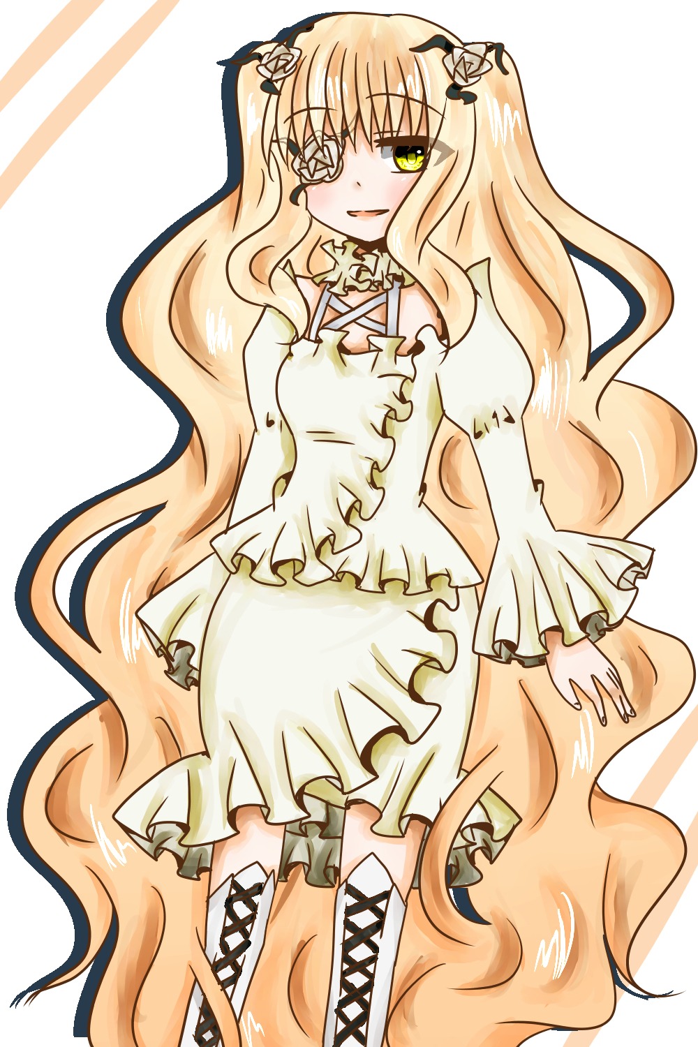 1girl blonde_hair boots cross-laced_footwear dress eyepatch flower frills hair_ornament image kirakishou long_hair long_sleeves solo very_long_hair wavy_hair