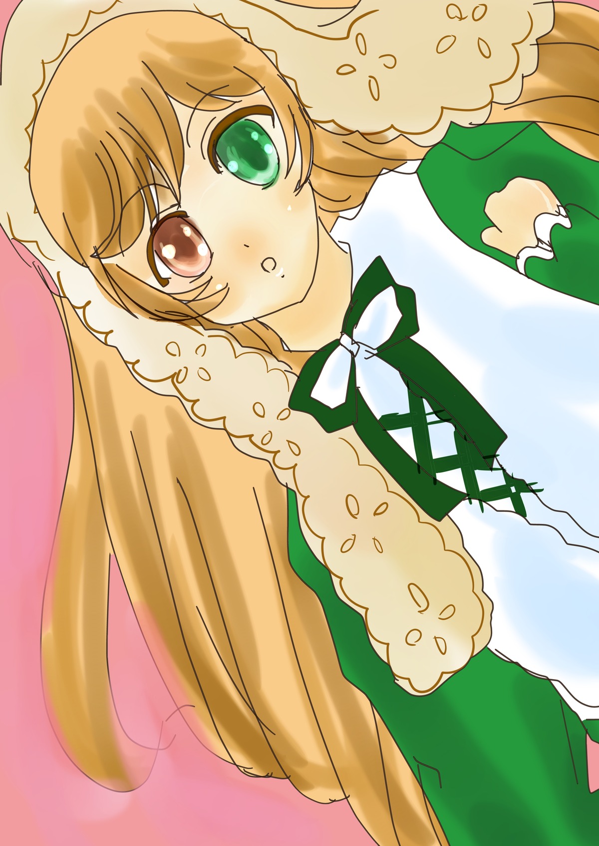 1girl :o brown_hair dress food_on_face green_dress green_eyes heterochromia image long_hair long_sleeves looking_at_viewer ribbon simple_background solo suiseiseki