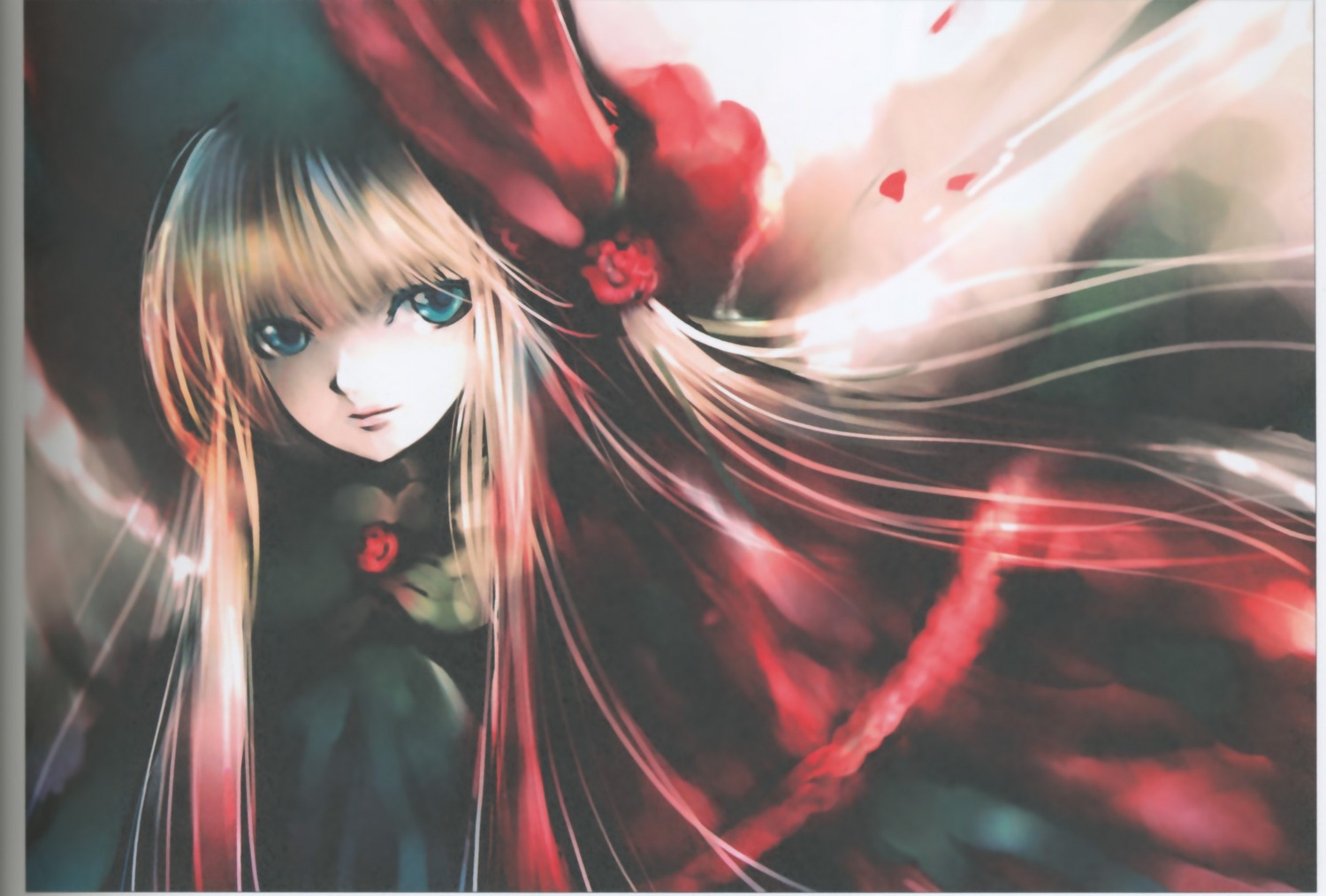 1girl blonde_hair blue_eyes dress flower image long_hair looking_at_viewer petals red_dress red_rose rose shinku solo upper_body very_long_hair