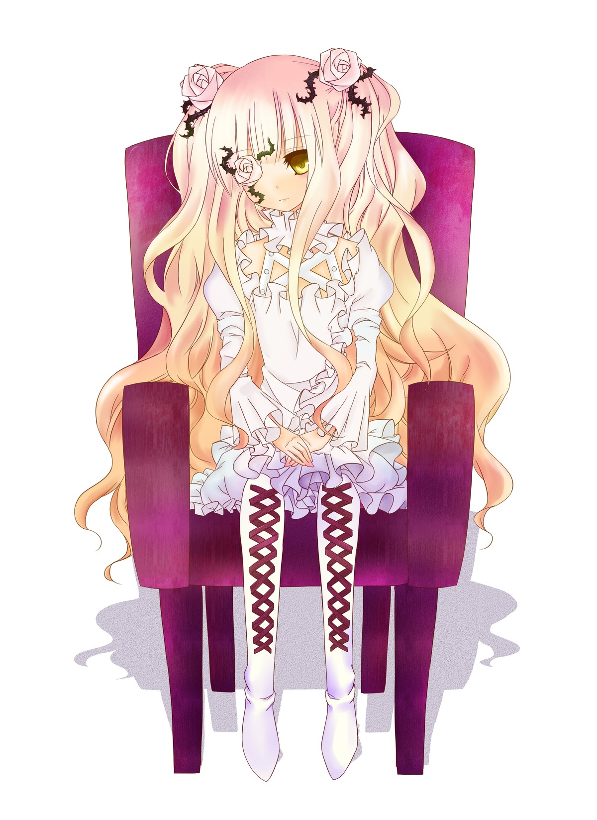 1girl auto_tagged blonde_hair boots chair cross-laced_footwear dress eyepatch flower frills hair_flower hair_ornament image kirakishou knee_boots lolita_fashion long_hair pink_hair rose sitting solo very_long_hair yellow_eyes