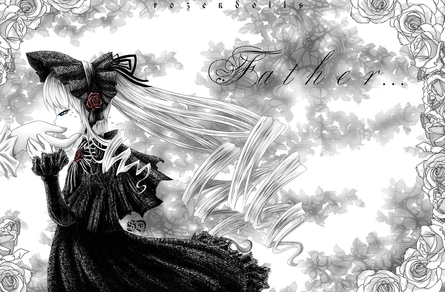 1girl black_flower dress drill_hair flower hat image lace long_hair long_sleeves rose shinku solo twintails