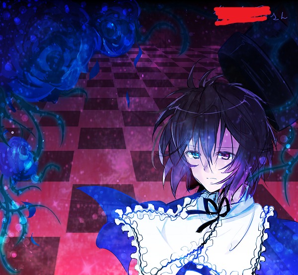 1boy 1girl argyle argyle_background argyle_legwear black_rock_shooter_(character) blue_eyes blue_flower blue_rose board_game checkered checkered_background checkered_floor checkered_kimono checkered_scarf checkered_skirt chess_piece diamond_(shape) flower heterochromia himekaidou_hatate image king_(chess) knight_(chess) on_floor ouma_kokichi perspective race_queen reflection ribbon rose short_hair solo souseiseki tile_floor tile_wall tiles vanishing_point