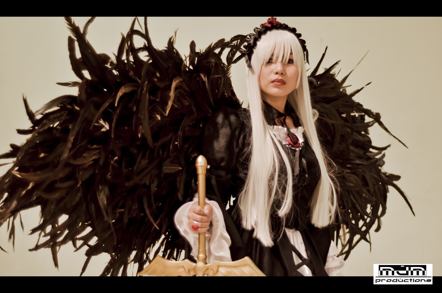 1girl black_dress black_wings dress flower gothic_lolita letterboxed lips lolita_fashion long_hair long_sleeves solo suigintou white_hair wings