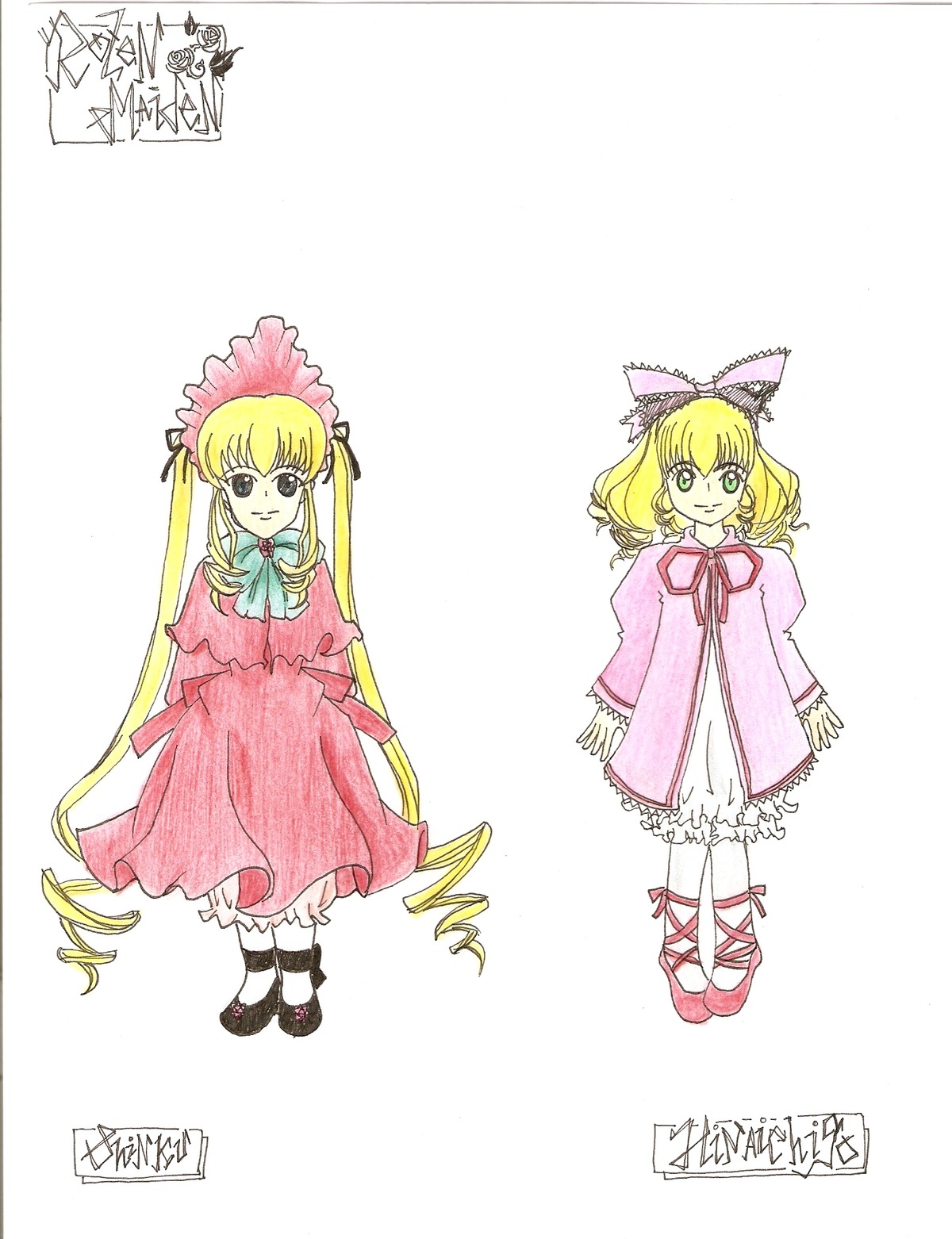 1girl animal_ears bangs blonde_hair bow concept_art dress eyebrows_visible_through_hair frills full_body hina_ichigo hinaichigo image long_sleeves looking_at_viewer multiple_views pink_bow pink_dress shoes simple_background smile solo standing striped white_background white_legwear