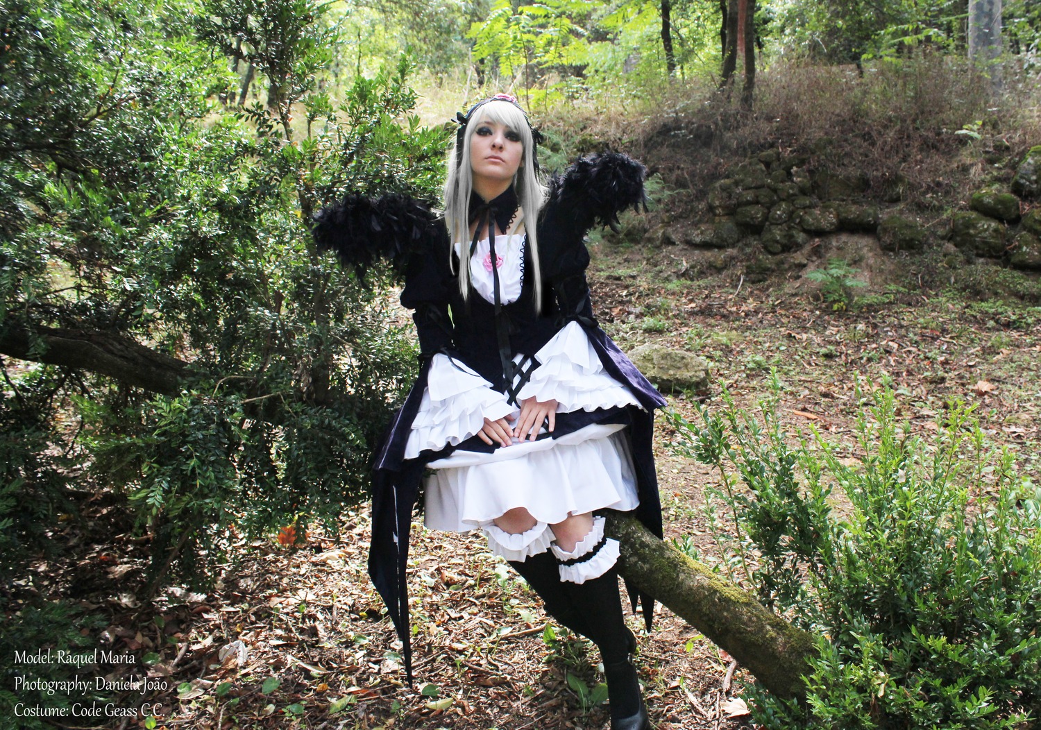 1girl boots day dress long_hair long_sleeves nature outdoors solo standing suigintou tree white_hair