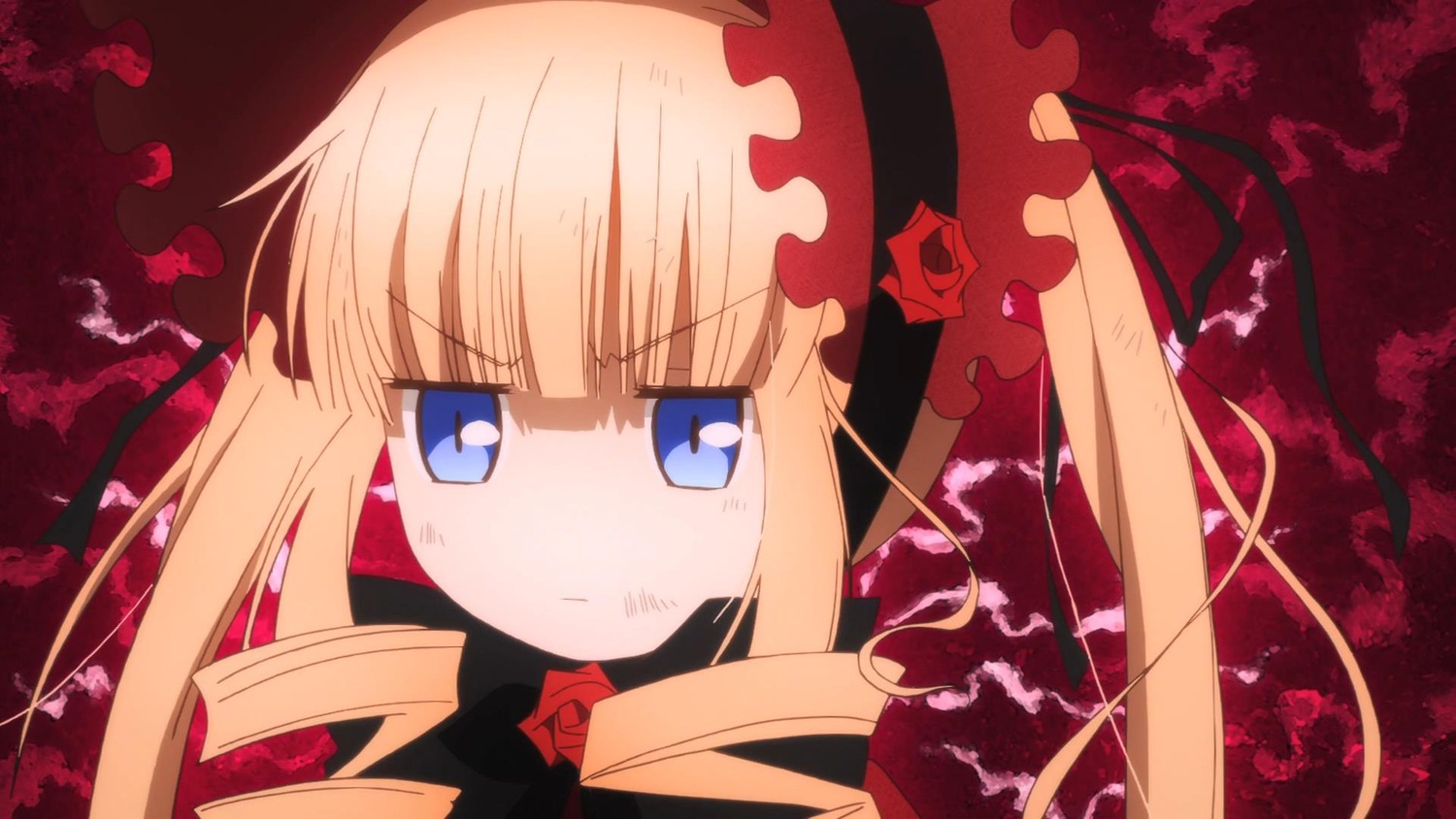 1girl bangs blonde_hair blue_eyes bow drill_hair eyebrows_visible_through_hair flower image long_hair looking_at_viewer red_flower red_rose rose shinku solo twintails