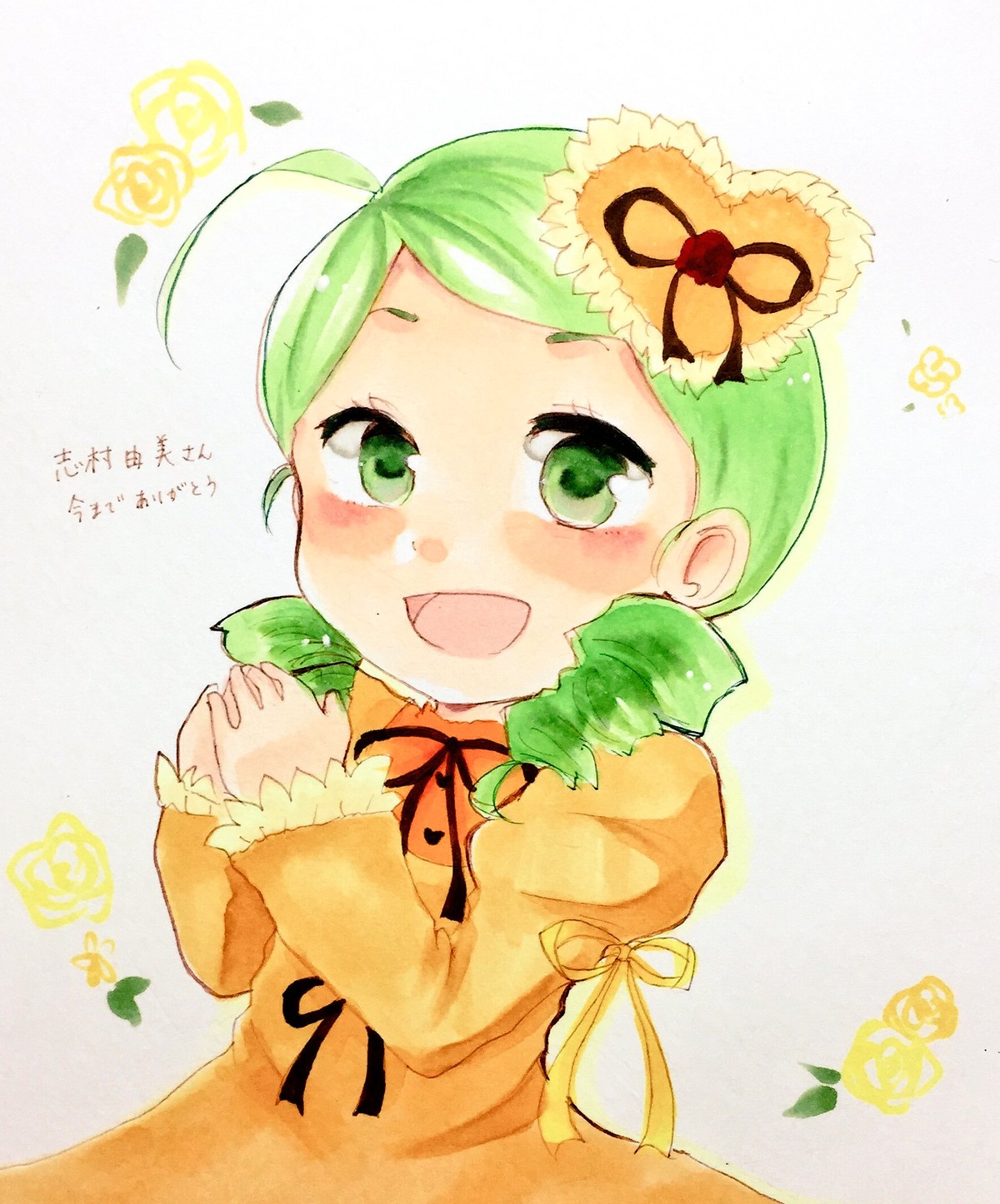 1girl :d ahoge blush dress drill_hair flower green_eyes green_hair hands_together image kanaria long_sleeves looking_at_viewer open_mouth orange_dress own_hands_together ribbon rose smile solo striped striped_background upper_body vertical_stripes yellow_dress yellow_flower yellow_rose