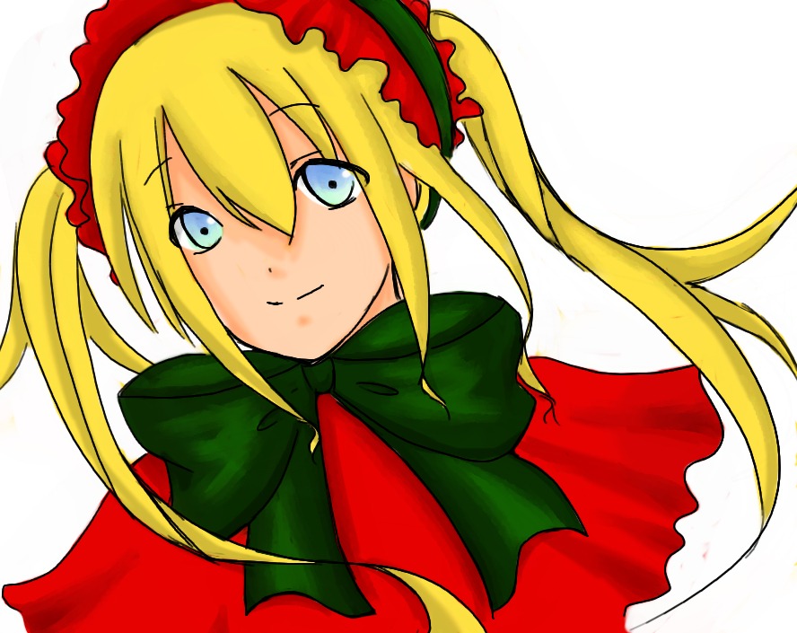 1girl blonde_hair blue_eyes capelet closed_mouth green_bow green_neckwear image long_hair looking_at_viewer shinku sidelocks simple_background smile solo twintails upper_body white_background