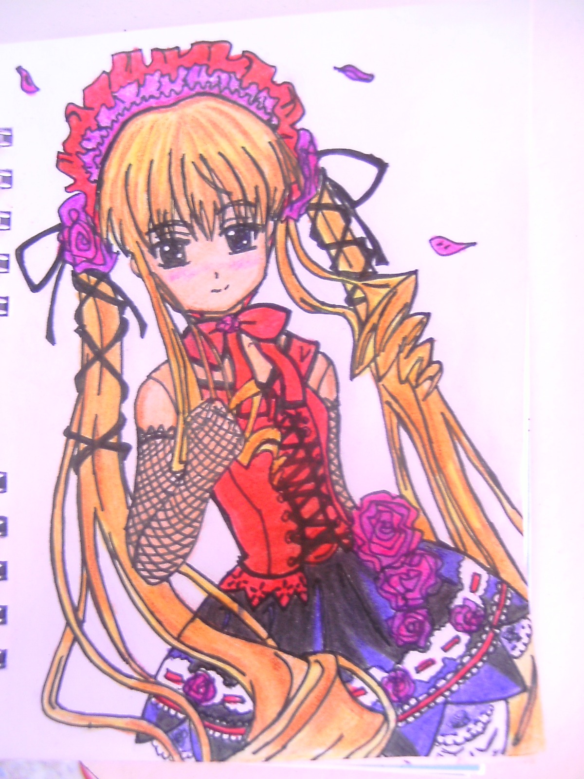 1girl blonde_hair bonnet dress drill_hair elbow_gloves flower frills gloves image lolita_fashion long_hair petals pink_flower pink_rose red_flower red_rose ribbon rose shinku solo striped twin_drills twintails very_long_hair