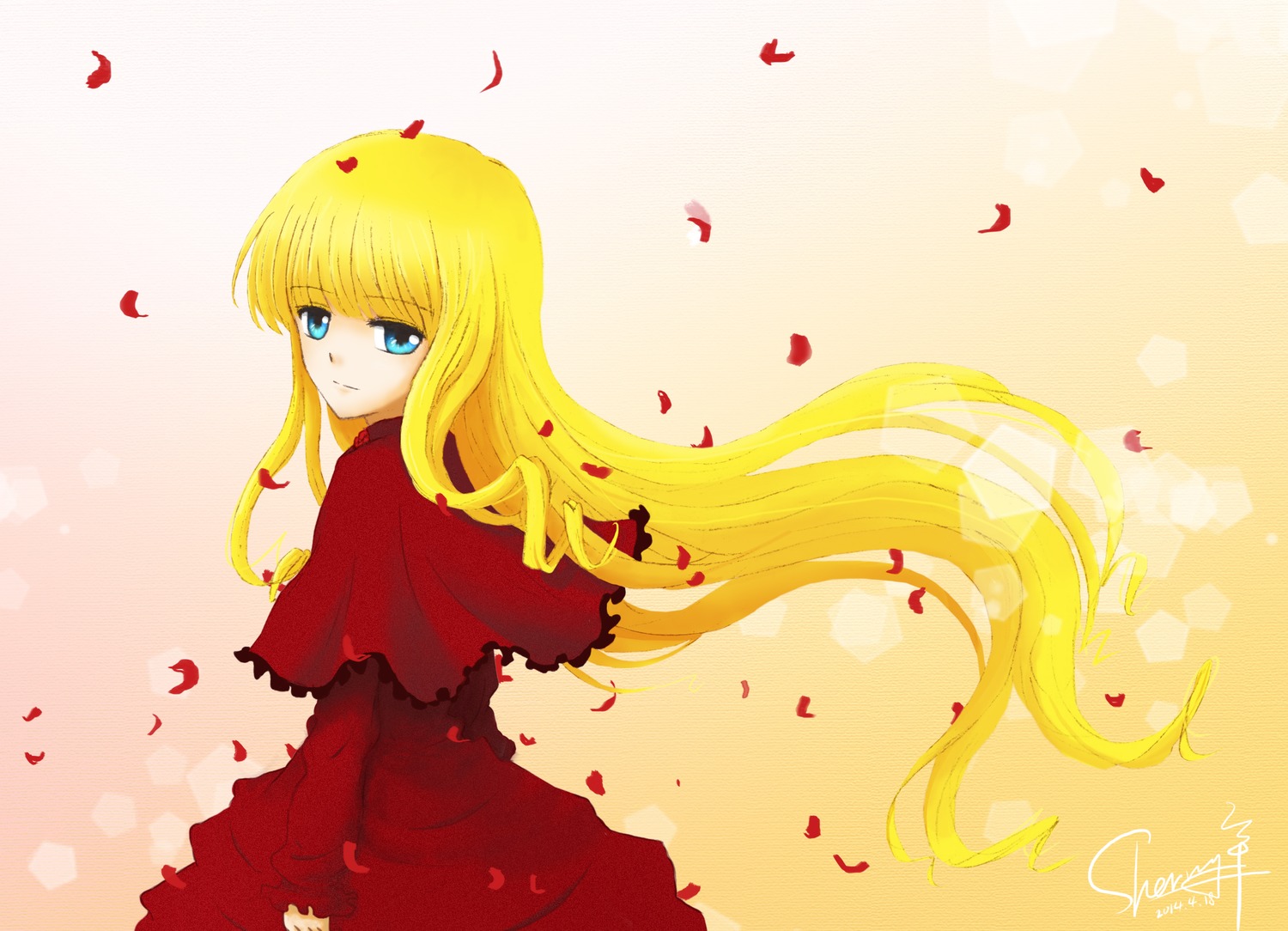 1girl blonde_hair blue_eyes capelet dress image long_hair looking_at_viewer petals red_dress rose_petals shinku solo striped vertical_stripes very_long_hair